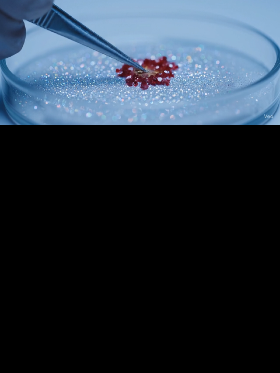 ASMR macro shot: A gloved hand holding a silver tweezers with a small piece of gold metal in it gently uses the tweezers to place the metal above a round petri dish filled with glittering silver powder. When the gold metal is placed in the petri dish, the metal blooms outwards, and red crystals grow out of the petri dish. The soft metal clicks, the sound of crystals colliding, and the pleasant ripples and pops together create a dreamy atmosphere. #ai #fyp #veo3 #chatgpt #viralprompts #klingai #dreamai31#aiasmr #asmr #asmrtiktok #asmrsounds #satisfying #oddlysatisfying #asmrrelax #asmrsleep #asmrvideo #asmrcommunity#olebrandselect 