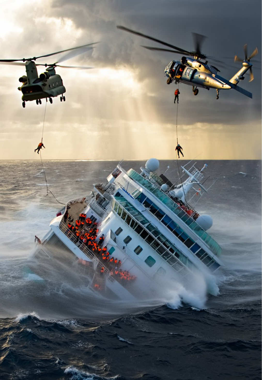 Rescue in the Storm – Seconds from Disaster A dramatic rescue unfolds as helicopters battle fierce winds to save crew members from a sinking cruise ship in a raging storm #RescueMission #StormRescue #HelicopterRescue #EpicRescue #OceanRescue  