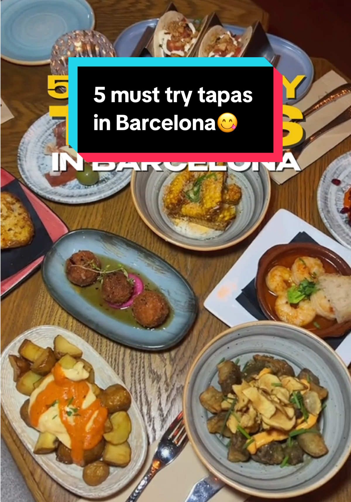 5 must try tapas in Barcelona😋 1️⃣ Patatas Bravas — fried potatoes with spicy tomato sauce or aioli. 2️⃣ Pan con Tomate — traditional Catalan bread rubbed with tomato, garlic, and olive oil. 3️⃣ Croquetas — creamy fritters usually filled with jamón, cheese, or mushrooms. 4️⃣ Gambas al Ajillo — garlic shrimp sizzling in olive oil with chili. 5️⃣ Jamón Ibérico — thin slices of cured ham, a true Spanish delicacy. 📌 Save this for your trip! Have you tried any of these yet? 👇 #barcelona #food #tapas #spanishfood #traveltips 