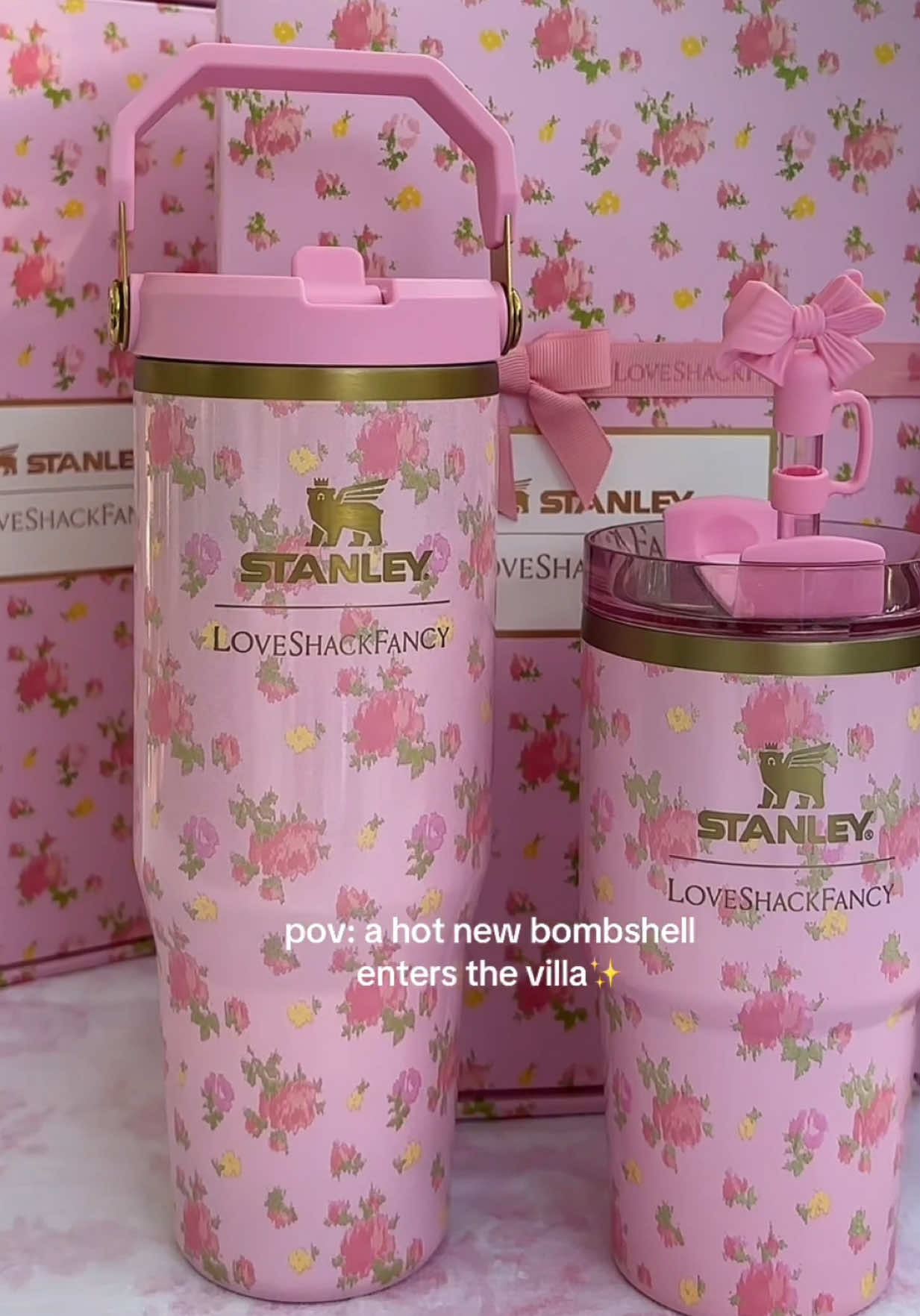 POV: A hot new bombshell enters the villa🤭💓Consider this your FIRST LOOK at our @Stanley Brand x LoveShackFancy Ibiza Sunset Collab🌅✨ #stanley #loveshackfancy #loveshackfancystanley #pinkstanley #loveshackfancycollab 