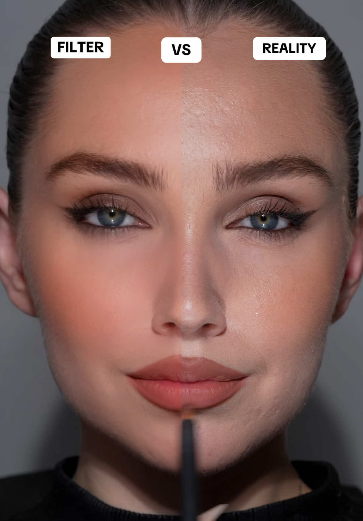 Filter vs reality🥹✨ @NARS Cosmetics foundation  @Huda Beauty concealer  @e.l.f. Cosmetics camo liquid bronzer  @Diorbeauty blush  @Charlotte Tilbury eyeshadow palette  @MaybellineUK brow fluff and mascara  #makeup #makeupvideo #filtervsreality #reality #realskin #skintok #makeupinspo 