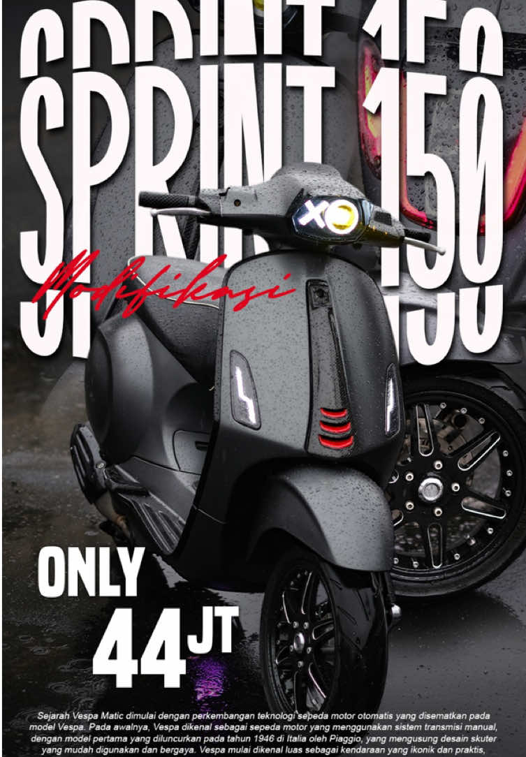 Ada yang mau sprint ganteng kayak gini?🥵 VESPA SPRINT IGET ABS FACELIFT (MODIF GANTENG)  - Tahun 2021  - Surat lengkap  - Kunci lengkap  - Pajak Off  - Sudah Service & Ganti Oli  - Sudah lulus QC - Bergaransi  - KM 20rb  HARGA : 44.000.000 TERMURAH  BONUS :  - Headlamp Daymaker XO  - Sein Unbrand Model Level10  - Stoplamp Unbrand model Zellioni  - Velg Unbrand Model Marus W125 - Petlamp  - Dasi Carbon  - Ban Softcompound Lokasi : Jl. Siliwangi Ruko No. 12A, Pancoran Mas, Depok WA : 0813-8233-7030