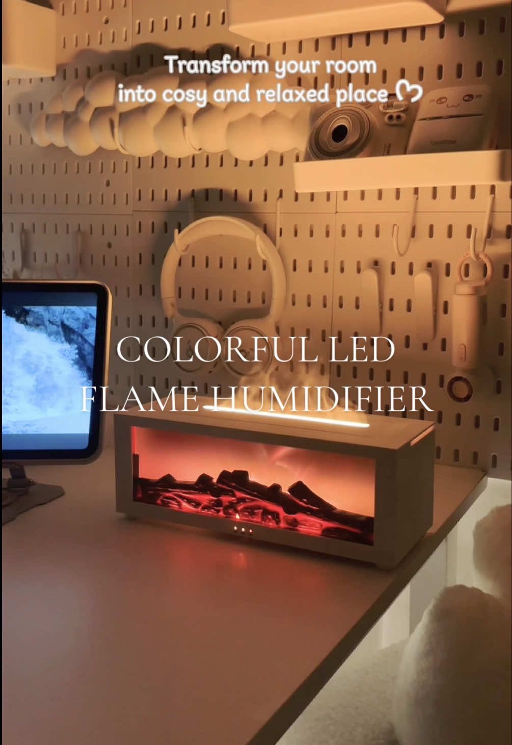 Create cozy and relaxing vibes at home with this oil diffuser and LED flame humidifier! 🥰 #aromahumidifier #oildiffuser #flamehumidifier #cosyhomevibes #airhumidifier 