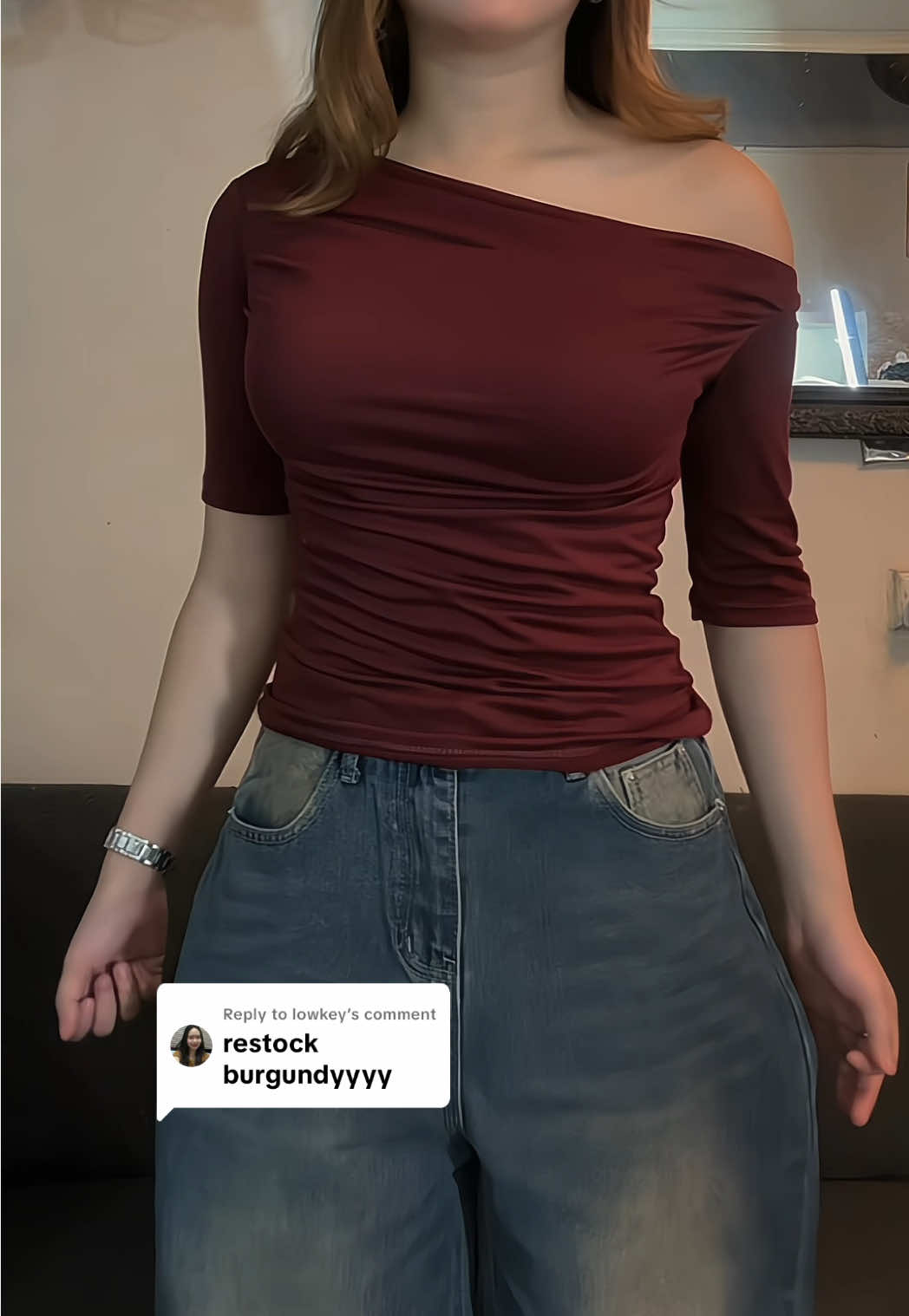 Replying to @lowkey restocked burgundy offshoulder top> #offshoulder #basicfit #fyp 