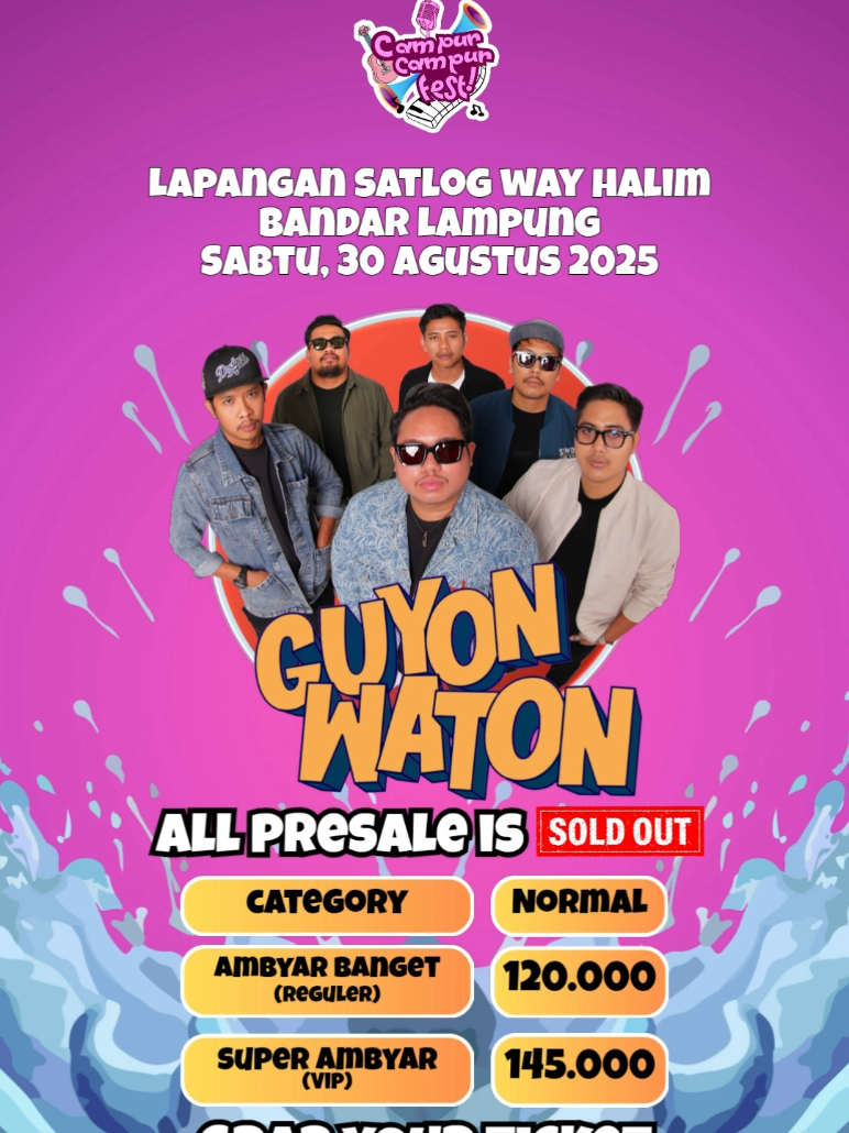 🔥 PRESALE SOLD OUT — NORMAL PRICE ON SALE 🔥 Kalian luar biasa! Semua tiket presale Campur Campur Fest resmi habis 🎉 Sekarang waktunya amankan tiket normal price sebelum kehabisan lagi! 🎟️✨ 📍 Lapangan Satlog, Way Halim, Bandar Lampung 🗓️ 30 Agustus 2025 🎫 Tiket normal price tersedia online — link di bio 🛒 Tiket offline tersedia Di @manca.eatery @mancalite @masaya.eatery  #lampung #konserlampung2025 #campurcampurfest #konserlampung #lampungevent #konsermusik #ambyar #GuyonWatonLive #MasddhoLive #MarioGKlau #putritanjung 