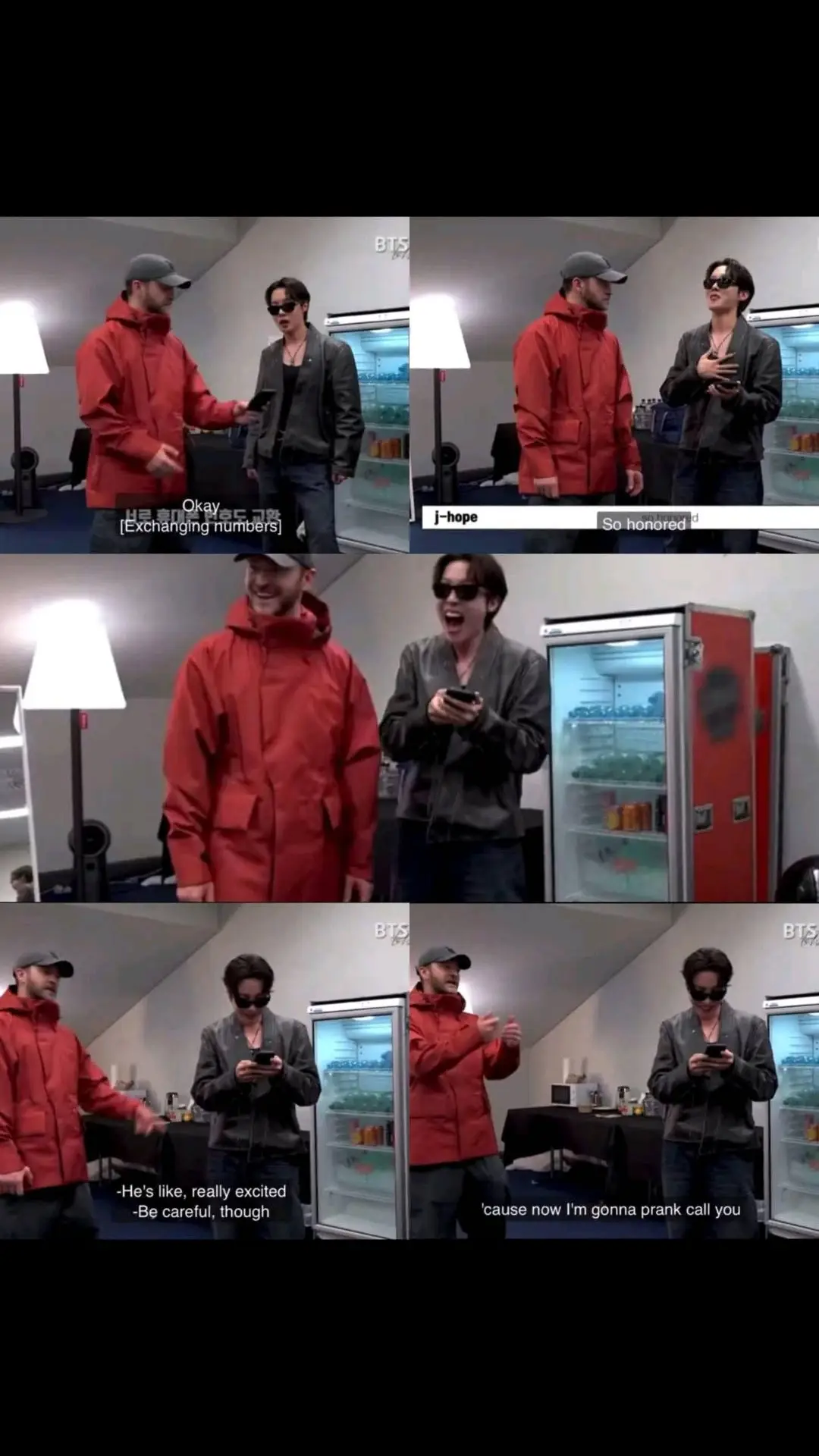 #Jhope and Justin Timberlake exchanged phone numbers “Be careful tought ‘cause now Im gonna prank call you’” ccto #jikook_minkook_forever13_7👉🐰🐥👈💜💜💜 