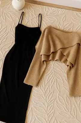 #skimsdresshitam #sweaterrajutbrown #handbaghitam #ootdwanita #outfitkekinian