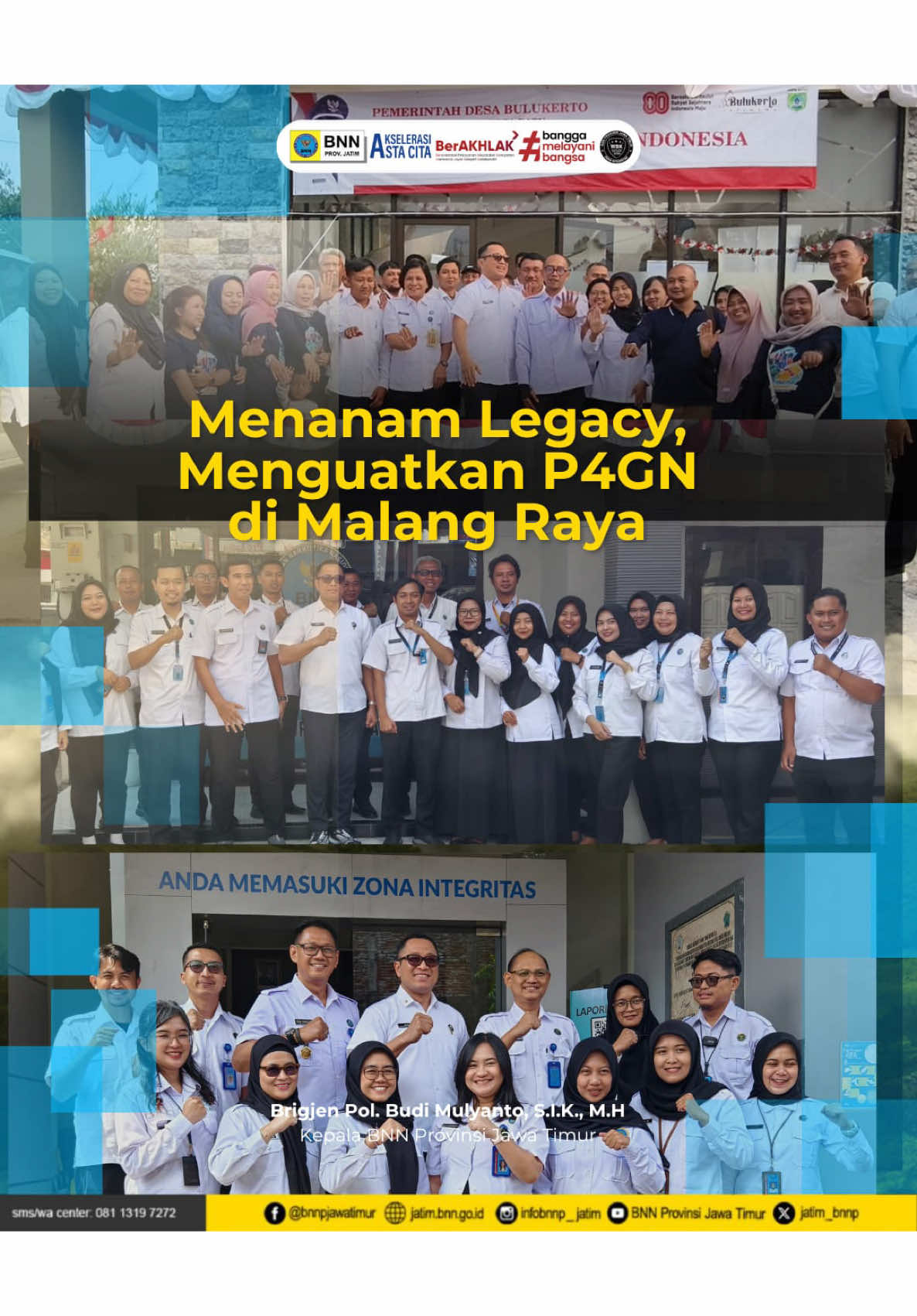 Kepala BNNP Jawa Timur. melaksanakan monitoring dan evaluasi di Malang Raya  *Meliputi BNN Kota Malang, BNN Kabupaten Malang, dan BNN Kota Batu.* *Langkah ini menjadi wujud nyata fungsi pengawasan dan dorongan kinerja di lapangan.* *Monev bukan sekadar agenda rutin.* *Ini adalah upaya memastikan pelaksanaan giat berjalan optimal —* Baik secara kuantitas maupun kualitas Dan disinilah peran Pengawasan dijalankan.  *Dalam setiap kunjungan, penguatan Zona Integritas menjadi fokus utama.* *Karena pelayanan publik yang bersih, transparan, dan berintegritas adalah fondasi P4GN yang berkelanjutan.* Dalam Monev ini Kepala BNNP juga menekankan pentingnya meninggalkan legacy: budaya kerja P4GN yang hidup dalam kegiatan sehari-hari. *Bukan hanya proyek sesaat, tapi kebiasaan yang mengakar di setiap lini kerja.* Monev ini adalah investasi masa depan. *Demi Malang Raya dan Jawa Timur yang lebih siap, lebih tangguh, dan bersih dari narkoba.*