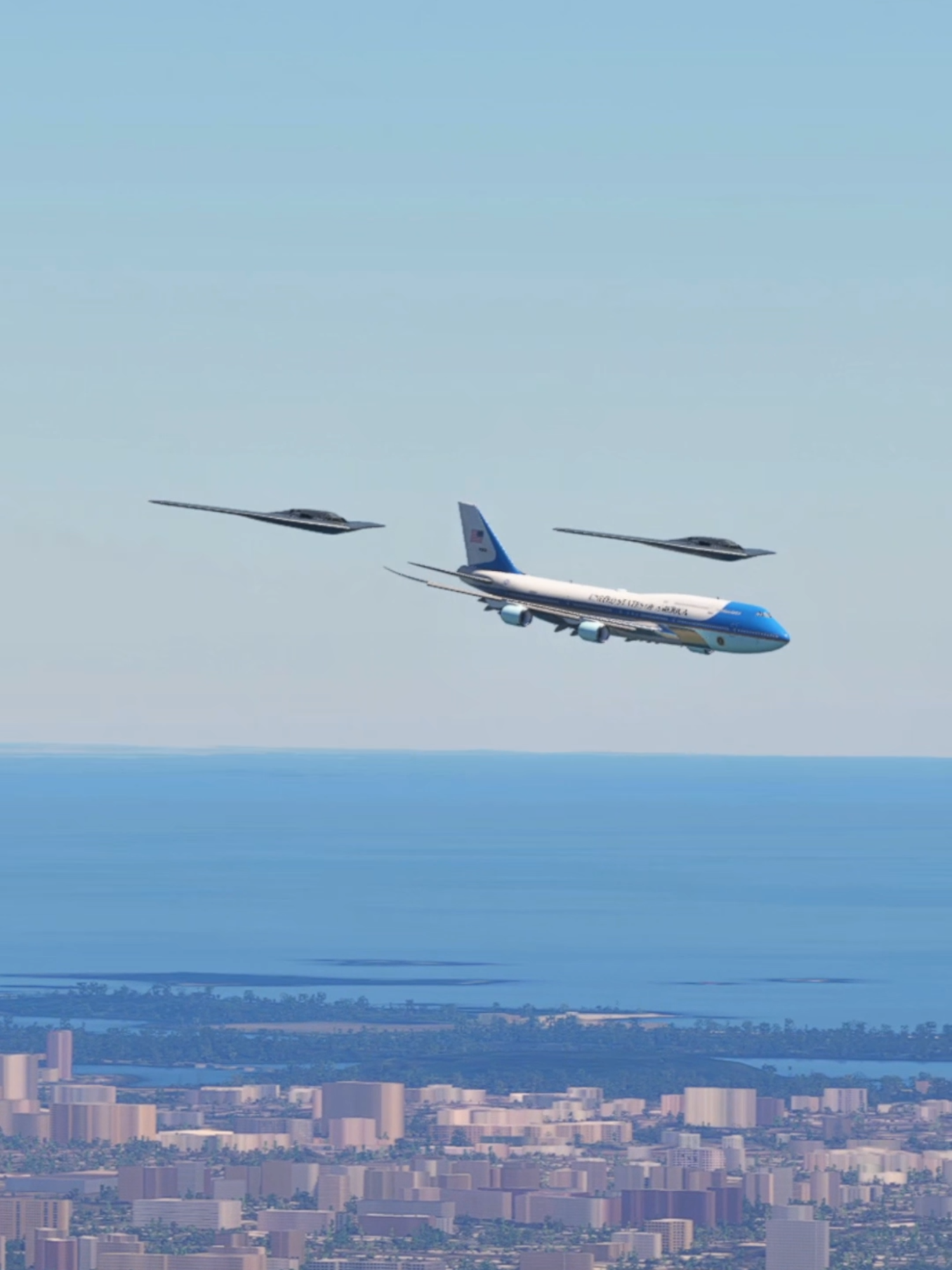 Incredible Air Force One being escorted by B-2 Bombers #aviation #usa #b2 #airforceone #videogame . . This Video was created digitally - Video Game