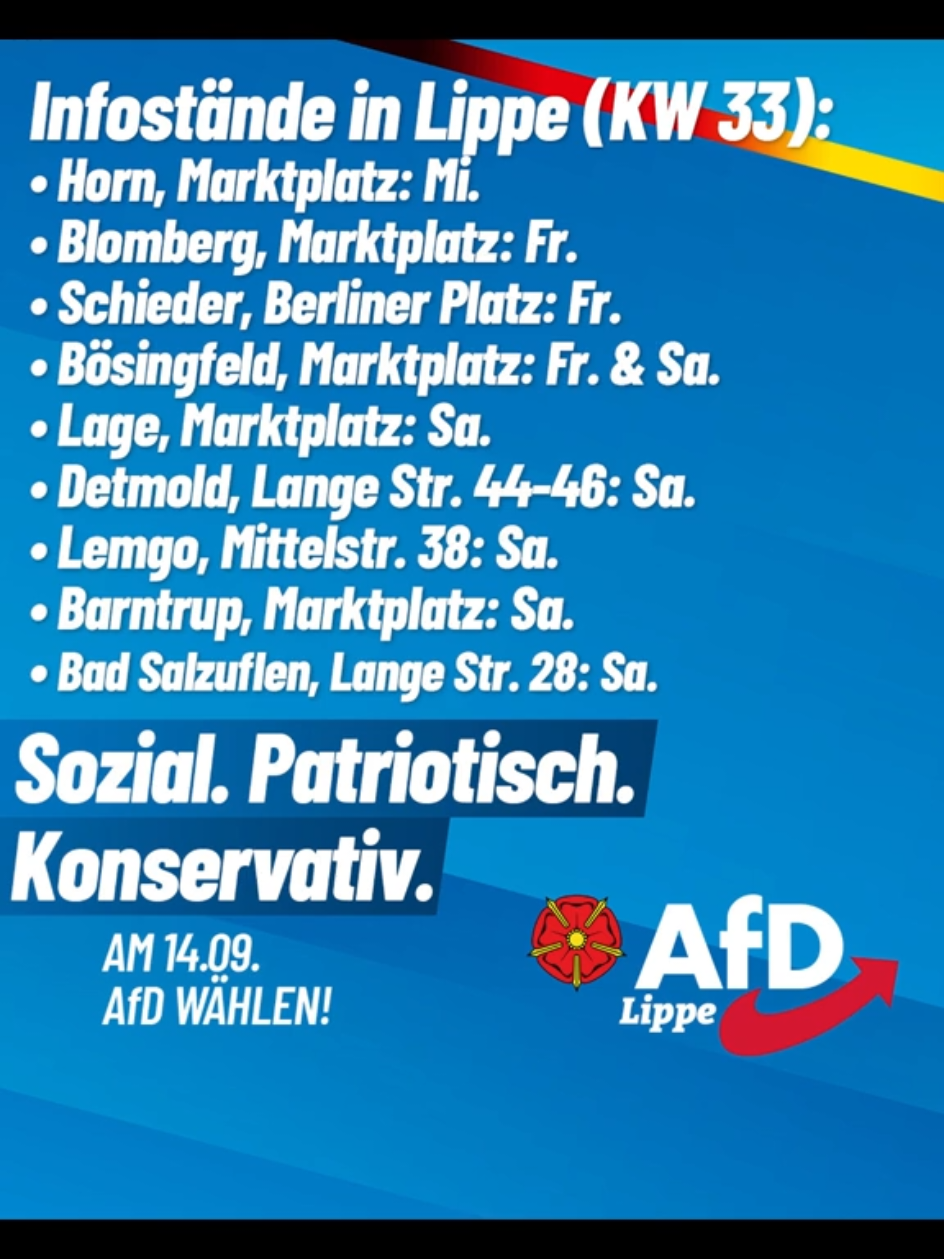Wahlkampf-Stände in Lippe Wir sind in vielen Städten vor Ort Wir freuen uns auf euch... #Kommunalwahl2025 #Wahlkampf2025 #Patrioten #afddeutschland #Lippe  @afd.detmold @afd.paderborn @afd_kv_minden_luebbecke @afd_follower @afd.fanclub.lippe @jungealternative_lippe @uwe.detert @denispauli156 @jakobbaidin1 @felixhermannhampe
