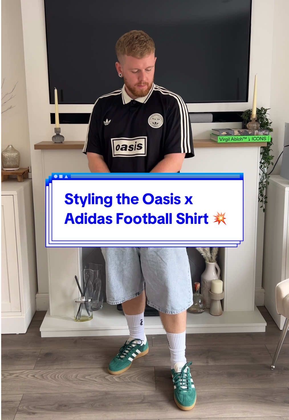 Styling the black Oasis x Adidas Tour Jacquard Football Shirt 💥  This collaboration between Oasis and Adidas is the perfect example of a collaboration done right. It makes a lot of sense for these two to collab and coming in during Oasis’ massive reunion tour is perfect timing.  Football tops are still HUGE at the minute and I don’t see them going anywhere any time soon. Plus I gotta say this is the best one I’ve seen in a long time! The oversized fit is spot on and the design is flawless! Not too much, not too little. ⚽️  Did I nail this fit?? 🤔💭  👕 @Oasis @adidas black Tour Jacquard Football Jersey 🩳 @Route One UK Super Baggy Denim Shorts in bleach wash 🧦 @INCOGNITO Clothing cushioned socks 👟 Adidas handball Spezial green white gum #streetwear #oasis #adidas #streetwearfits #oasislive25 