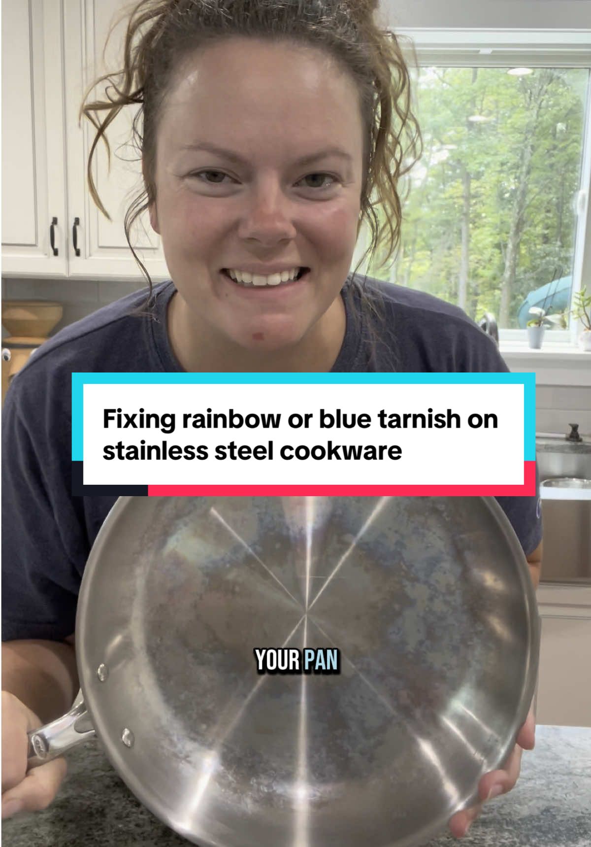 Everyone always eats this tip up because let’s be honest, if you have stainless steel cookware, you have a pot or pan that looks like this. It’s just the nature of the beast. 🤷🏼‍♀️ Stainless steel is really easy to overheat, which causes this tarnish to form. Honestly, most of us cook at too high of a temp because we’re all in a hurry all the time. It’s worth it to slow down while in the kitchen. Overheating your pan isn’t good, especially if you’re using a nonstick pan. For the love of God, stop using those trash pans! Anyways, I hope this helps you get your pans looking new again! 🫶🏼 #stainlesssteel #stainlesssteelpan #cookware #kitchentip #kitchenhack 
