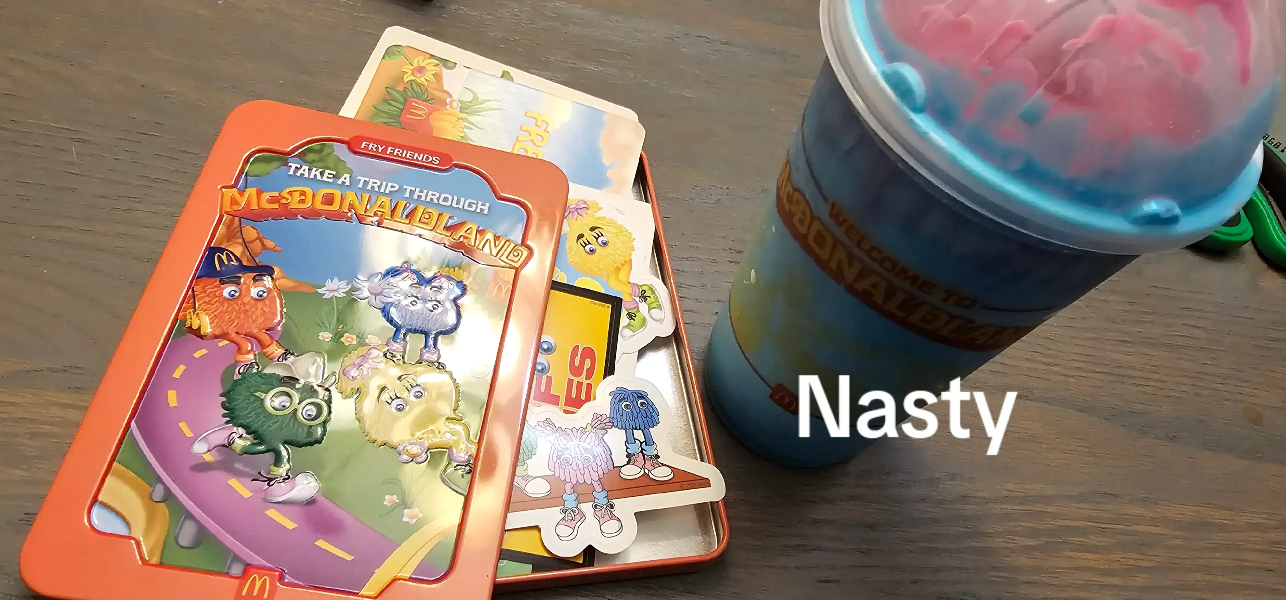 Absolutely nasty as hell. Also a waste of money. Tin was nothing but a few post cards and stickers. My kids and I tried the shake and threw it away. Tasted like ass. Worst tasting shake i have ever had @McDonald’s. #wasteofmone #mcdonalds #horrible 