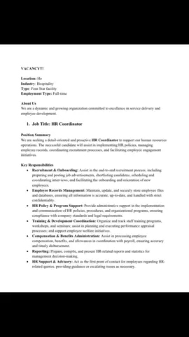 WE ARE HIRING    • HR Coordinator    • Night Coordinator Location: Ho HOW TO APPLY  Interested candidates should submit their application letters, CVs, and copies of certificates  to: 👉 hrrecruitmentm23@gmail.com indicating the position in the subject line. Closing date: Monday,25th August ,2025. Kindly note that only shortlisted applicants would be contacted.  Our Company an equal opportunity employer. We encourage applications from all qualified individuals