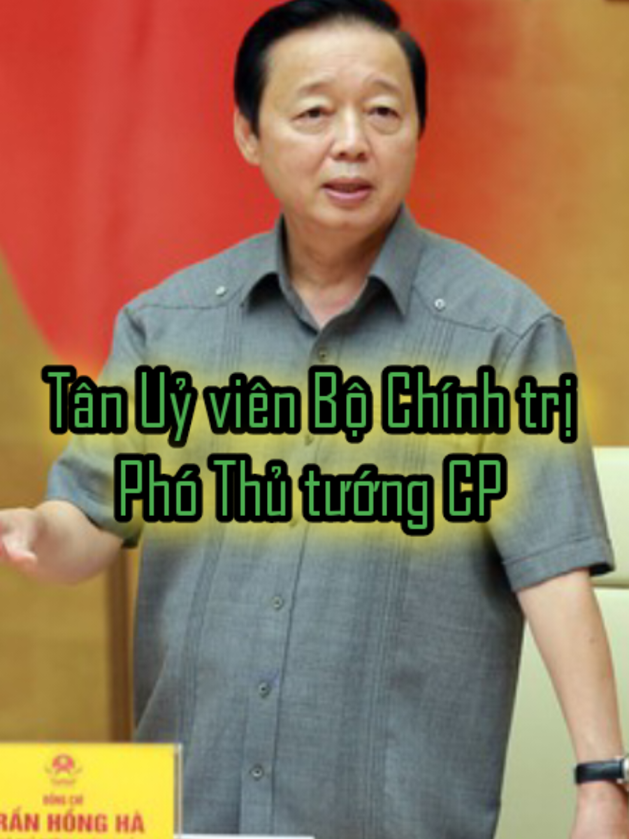 - Tân Uỷ viên Bộ Chính trị - Đồng chí TS. Trần Hồng Hà - Năm sinh 1963 - Quê quán: Xã Trường Lưu, tỉnh Hà Tĩnh - Trình độ:  • Học vị: Tiến sĩ Khai thác mỏ Moskva • Lý luận chính trị: Cao cấp - Chức vụ • Ủy viên dự khuyết Trung ương Đảng khóa XI • Ủy viên Trung ương Đảng khóa XII, XIII • Đại biểu Quốc hội Khoá XIV • Phó Thủ tướng Chính phủ #tranhongha 