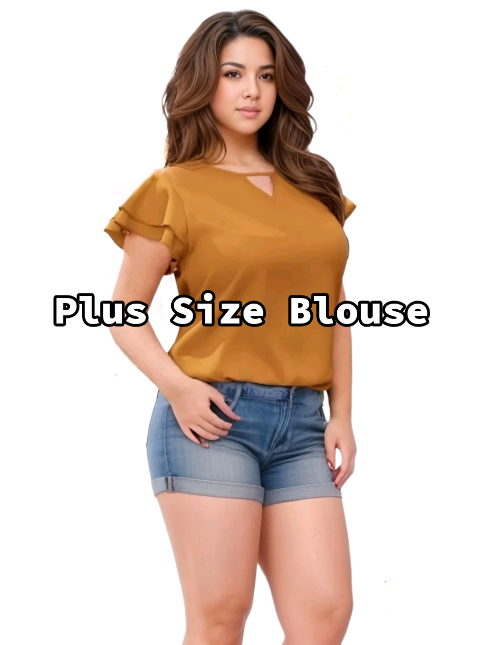Plus Size Blouse Top Keyhole Neckline Double Ruffle Sleeves Challis Fabric #PlusSizeBlouse #KeyholeNeckline #RuffleSleeves #ChallisTop #womensapparel 