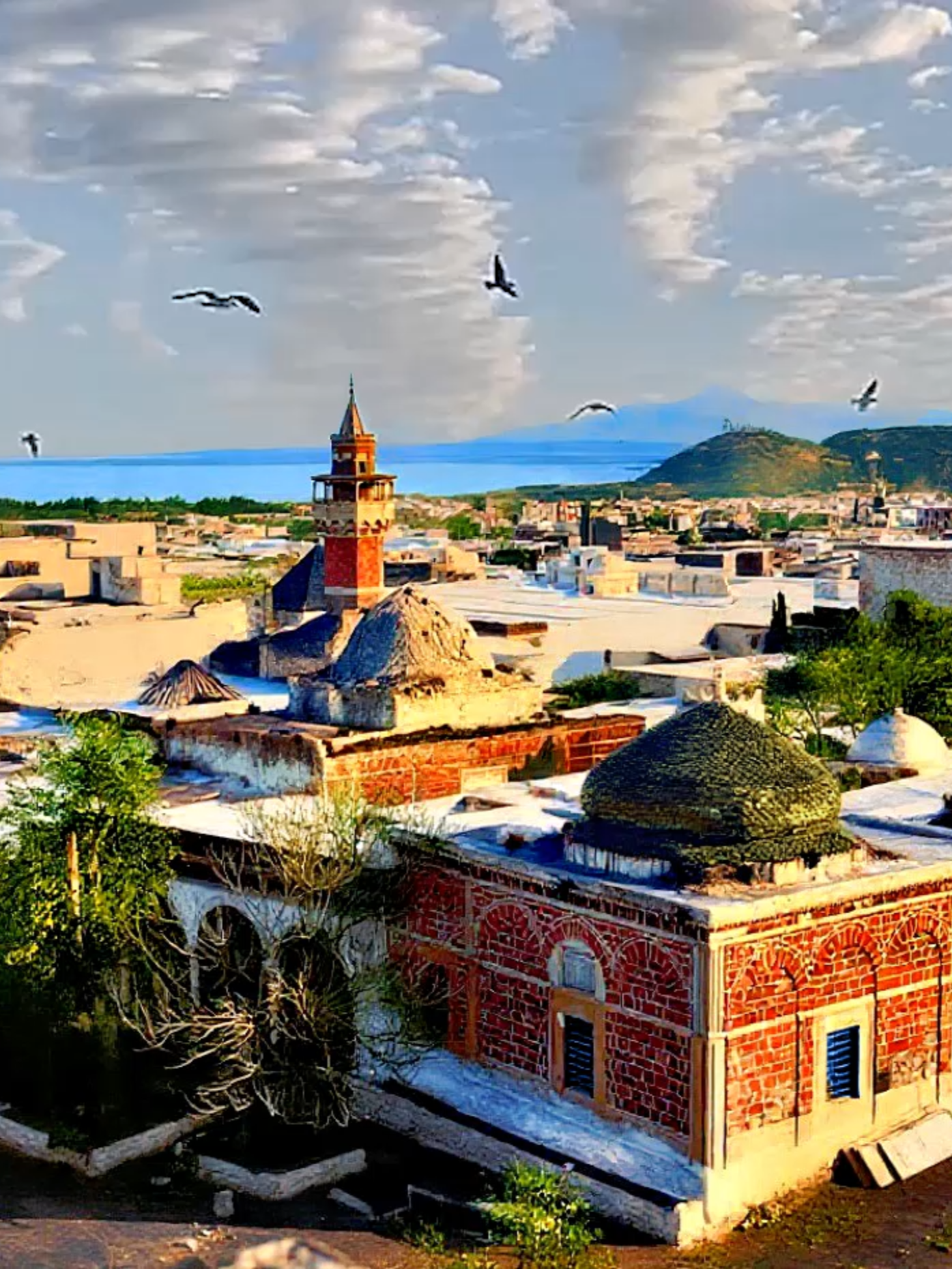 La médina de Tunis vue de la Casbah avec au premier plan le mausolée tourbet coiffé d'une coupole derrière les toits du dar elBeyainsi que le minaret de la mosquée Hammouda Pacha aquarelle de Charles Lallemand 1890
