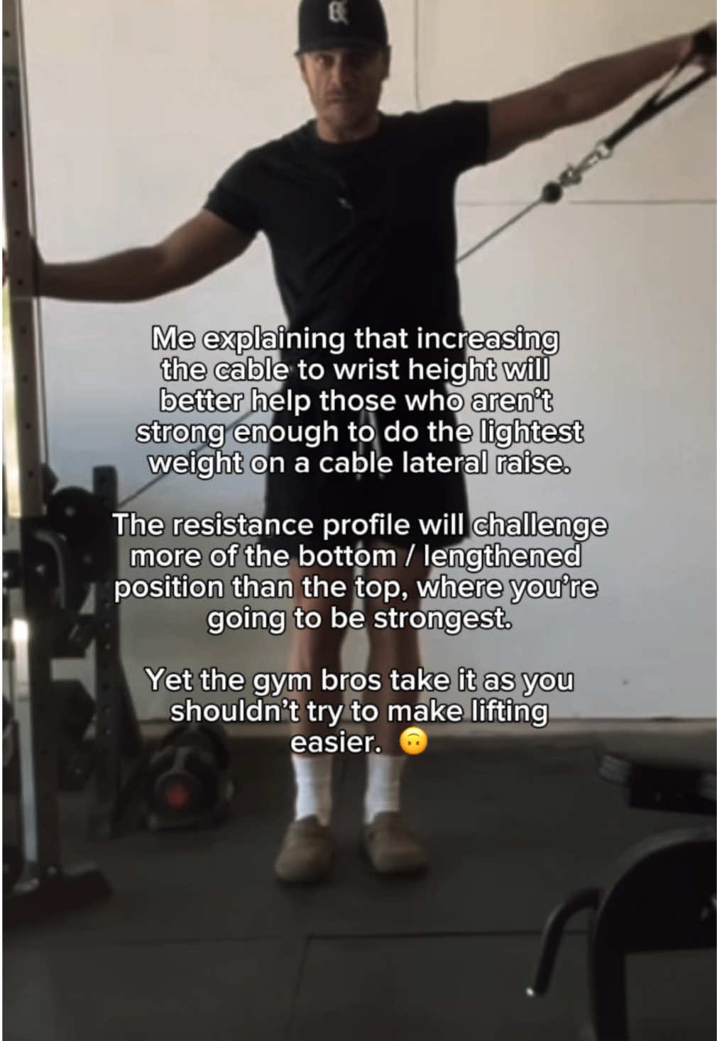 If you struggle with the cable lateral raise to do even the lightest weight for reps, simply raise the cable to wrist height. This will alter the leverage point to be hardest at the bottom rather than the top - which is where you’ll be stronger in the range of motion. Allowing you an entry point to be able to do the exercise. 👌 #shoulderworkout #shoulderday #cablelateralraise 
