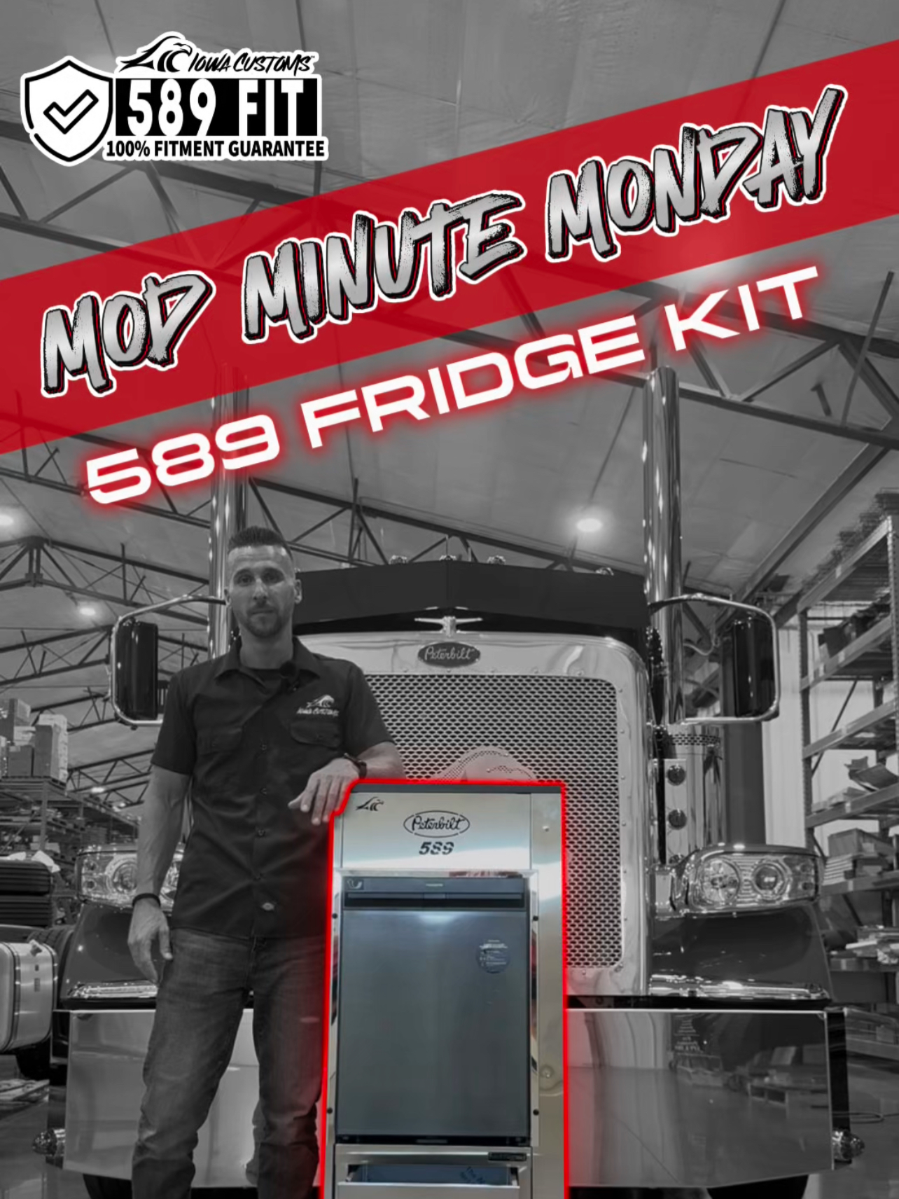 **MOD MINUTE MONDAY: PETERBILT 589 FRIDGE KIT**- Happy #ModMinuteMonday! Today, we are taking a look at our #IowaCustoms patented Refrigerator Kit for your #Peterbilt 589. It adds seamless convenience and the perfect storage solution. Designed for durability and ease, each unit features a refrigerator, a one-piece, two-drawer storage unit, and trim. With a quick and hassle-free installation, you can upgrade your rig today!  Contact your dealer with the link in our bio!  #DrivenToBeBold #Peterbilt589 #TruckUpgrades