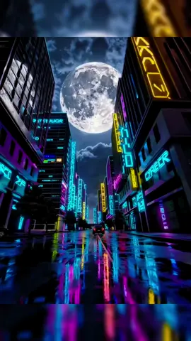 Neon rain, big moon, and a city that never sleeps 🌃✨ Just cruising through this cyber dream. #CyberpunkCity #NeonVibes #MoonlightMagic #Aesthetic 