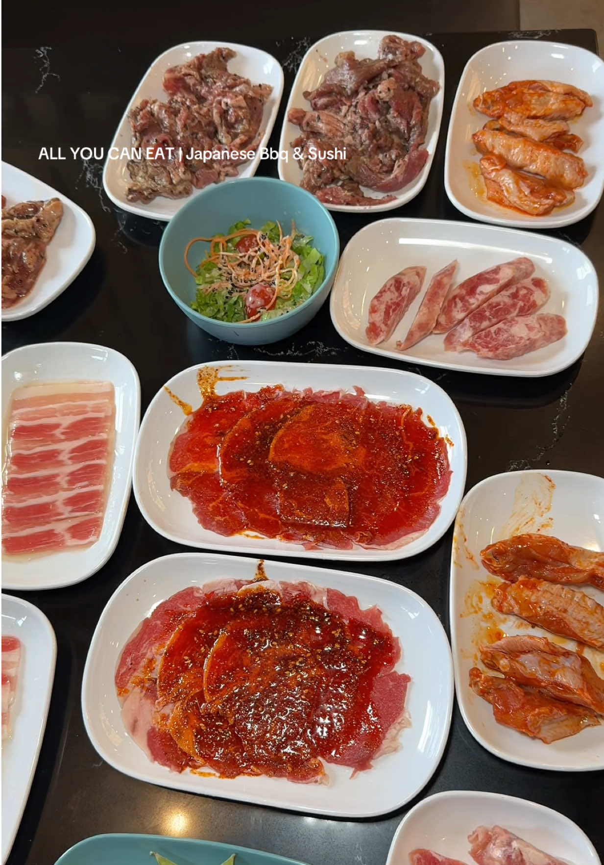 A NEW ALL YOU CAN EAT JAPANESE BBQ & SUSHI! Eat until you can’t eat anymore! I had a bit of everything but mostly loved the steak and the sausage.  Cheese corn is a must Sushi with cream cheese is a must Steak Pork belly  Sweet Bun Edamame  Japanese style pork sausage is a must Sweet soy short ribs  Marinated shrimp  Beef rice  Hokkigai #japanesefood #japanesebbq #misosoup #kimchi #oshisushi 