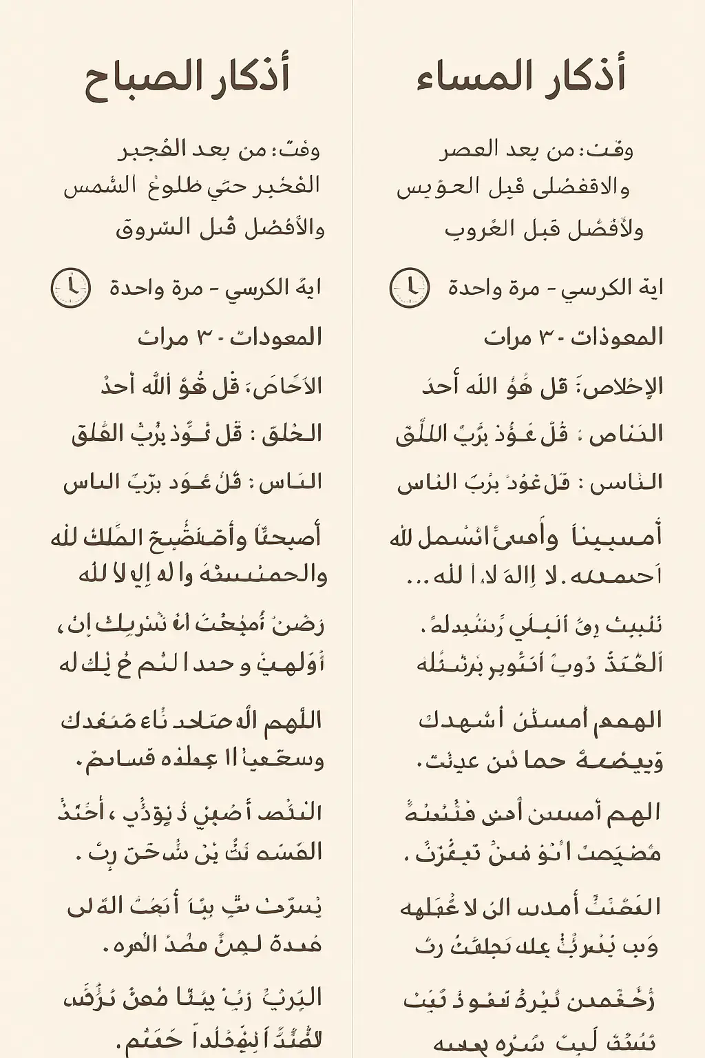 سأعطيك أذكار الصباح والمساء الصحيحة الواردة عن النبي ﷺ، مرتبة وسهلة القراءة، مع عدد التكرار لكل ذكر. --- أذكار الصباح 🕐 وقتها: من بعد الفجر حتى طلوع الشمس، والأفضل قبل الشروق. 1️⃣ آية الكرسي – مرة واحدة ﴿اللَّهُ لَا إِلَٰهَ إِلَّا هُوَ الْحَيُّ الْقَيُّومُ...﴾ [البقرة: 255] 2️⃣ المعوذات – ٣ مرات الإخلاص: ﴿قُلْ هُوَ اللَّهُ أَحَدٌ﴾ الفلق: ﴿قُلْ أَعُوذُ بِرَبِّ الْفَلَقِ﴾ الناس: ﴿قُلْ أَعُوذُ بِرَبِّ النَّاسِ﴾ 3️⃣ أصبحنا وأصبح الملك لله... – مرة واحدة > 