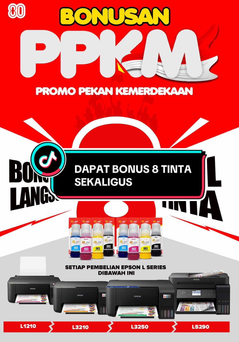 [PROMO PEKAN KEMERDEKAAN] Dapatkan 8 tinta Dye Elkasa secara langsung khusus pembelian perinter Epson L1210, L3210, L3250, dan L5290. #promokemerdekaan #17agustus #epson #tintadye #elkasa #l1210 #l3210 #l3250 #l5290 #bonus #lfl #fyp #viral #lewatberanda 