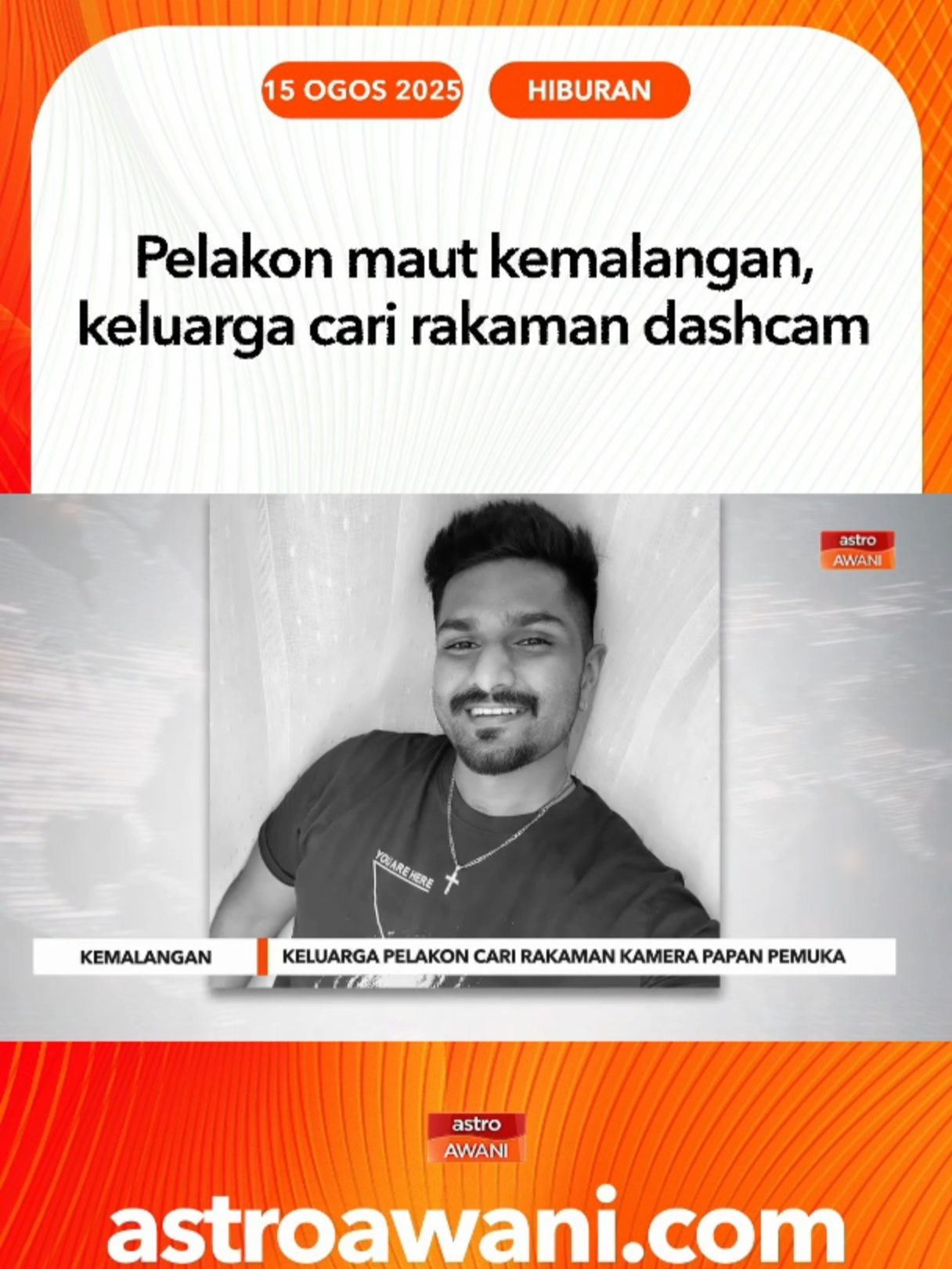 Keluarga pelakon dan penyanyi, Parvin Nair Surendran yang meninggal dunia dalam kemalangan di Kilometer 9.9 Lebuhraya Persekutuan berdekatan stesen Transit Aliran Ringan (LRT) Universiti Teknologi MARA (UiTM), Shah Alam menghala ibu negara pada 7 Ogos lalu, merayu orang ramai yang mempunyai rakaman kamera papan pemuka (dashcam) supaya tampil membantu siasatan. #AWANInews