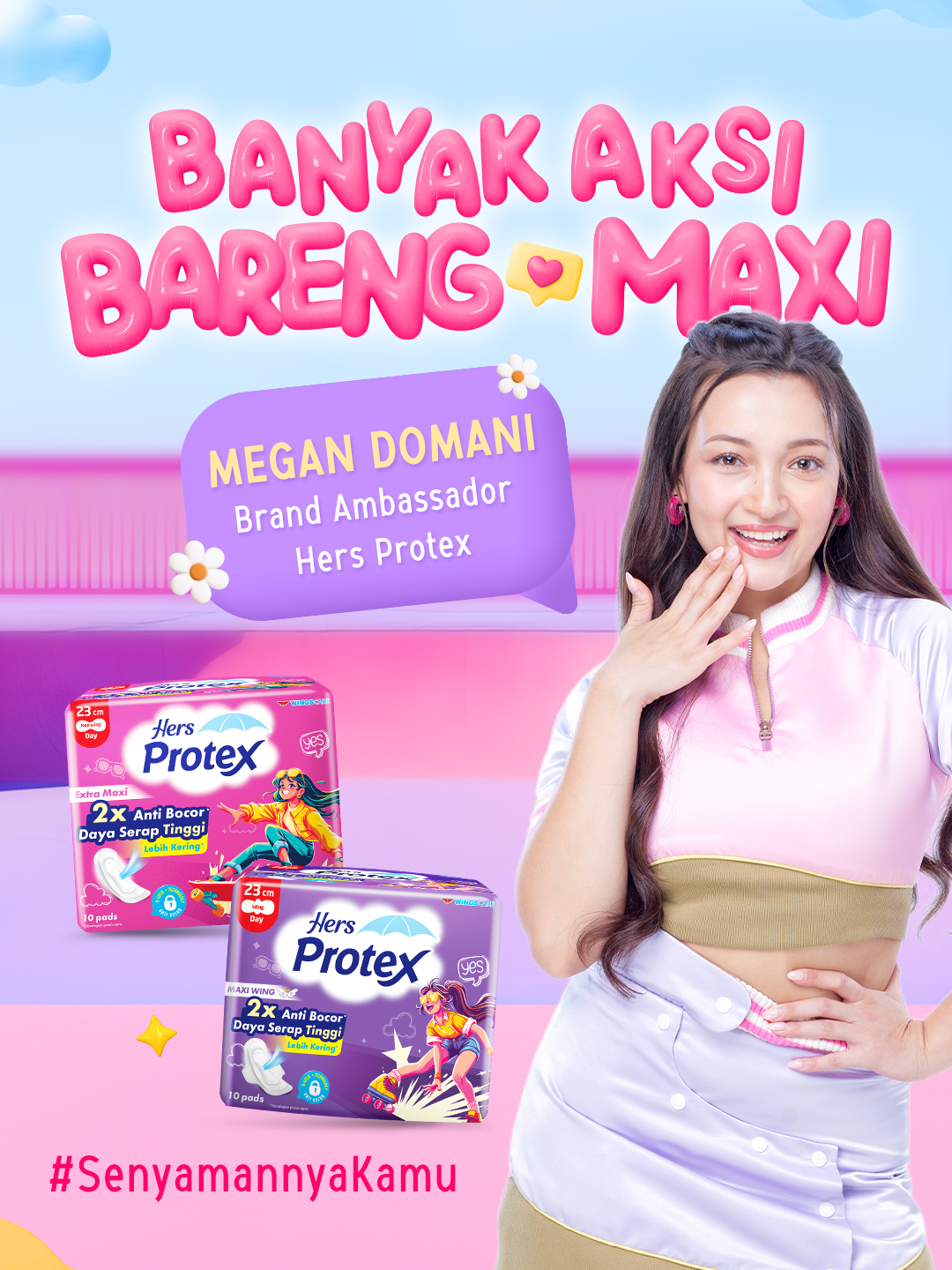 Ini kan yang kalian tunggu-tunggu??!! Meet @megandomani1410, the new Hers Protex Ambassador. Bareng Hers Protex Maxi, Megan udah gak worry lagi buat jadi si banyak aksi! 💜 MinSie tau kok, masalah takut bocor pas mens emang gak nyaman banget. Cuma mau gerak aja jadi harus hati-hati 🫣 Tapi tenang aja, Bestie! Bareng Hers Protex Maxi Wing & Extra Maxi yang punya lapisan lebih kering, 2x anti bocor, dan cepat menyerap, beraktivitas pas lagi mens bisa tetap bebas gerak dan #SenyamannyaKamu ✨ Ini saatnya buat kamu beraniin #BanyakAksiBarengMaxi kayak Megan. Yuk, coba Hers Protex Maxi Wing & Extra Maxi sekarang! 🫶🏻 #HersProtex #AntiMager
