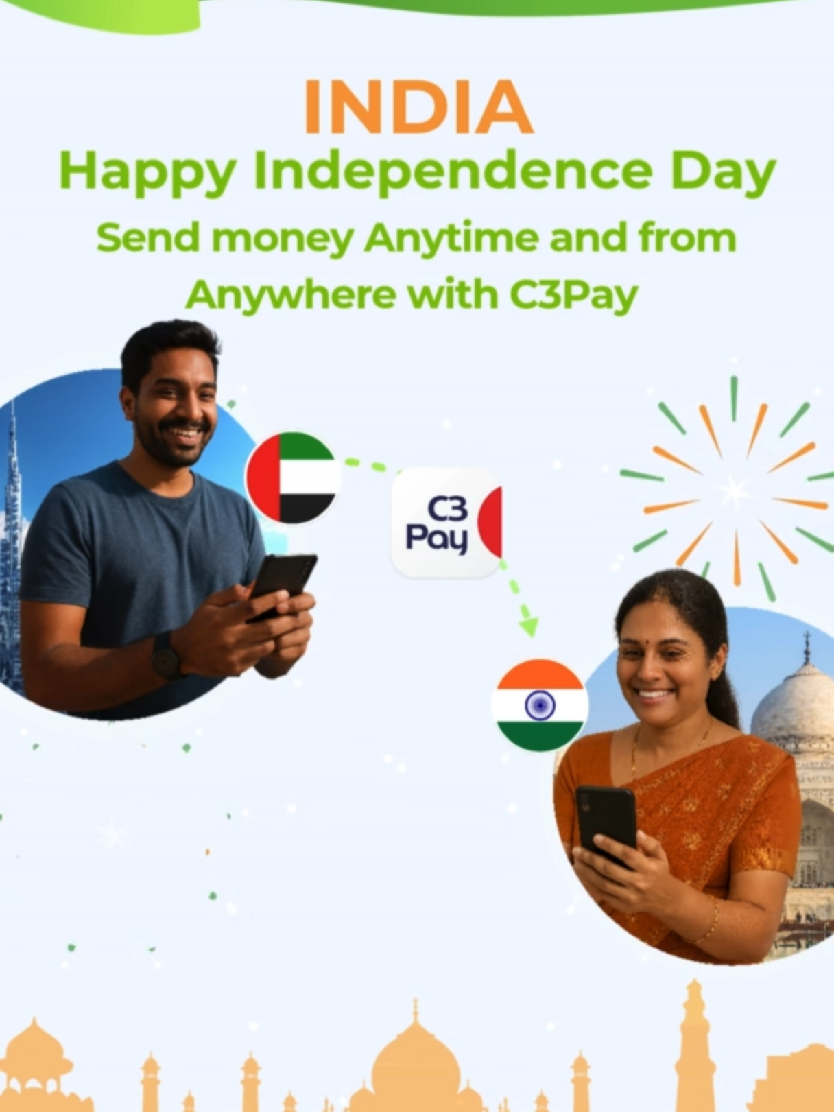 Wishing all over lovely Champions from India a Happy Independence Day! 🙏 Send your love back home to your family in India in seconds through the money transfer feature on the C3Pay app!🥳 No more waiting in lines, easy and secure transfers🥰 #moneytransfer #c3pay #UAEWorkers #IndependenceDay2025 #india