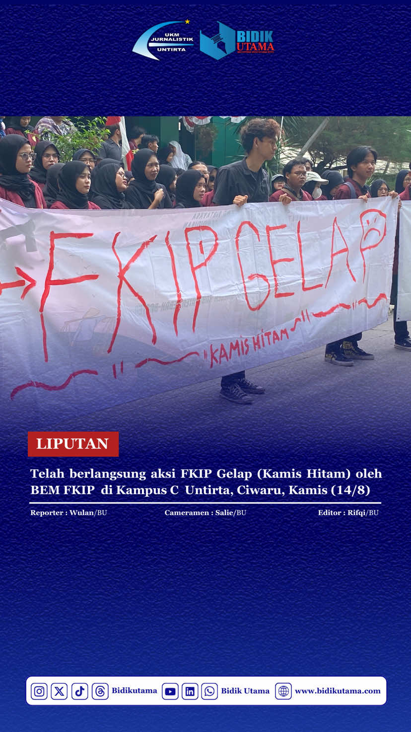 [Liputan] — Telah berlangsung aksi FKIP Gelap, di Fakultas Keguruan dan Ilmu Pendidikan pada Kamis (14/8) di Kampus C Fkip Untirta, Ciwaru. (15/8).  Aksi ini diinisiasi oleh Badan Eksekutif Mahasiswa (BEM) FKIP Untirta sebagai bentuk protes untuk menuntut perbaikan fasilitas yang layak, transparansi anggaran, serta menyoroti dugaan penyalahgunaan wewenang oleh pihak fakultas. Dalam aksi tersebut, Dekan FKIP turut hadir dan menandatangani surat tuntutan yang diajukan oleh BEM FKIP. Pihak dekanat juga menyatakan komitmennya untuk mulai merealisasikan tuntutan tersebut secara teknis sejak hari ini.  — Reporter: Wulan /BU Videografer: Salie/BU Editor:  Rifqi/BU — ©️ BIDIK UTAMA Instagram : @bidikutama X : @bidikutama TikTok : @bidikutama Threads: @bidikutama LinkedIn : Bidik Utama Youtube : Bidik Utama Saluran WhatsApp : Bidik Utama Website : www.bidikutama.com — #bidikutama #ukmjurnalistik #everythingdoeswithcreativity #untirta #untirtajawara 