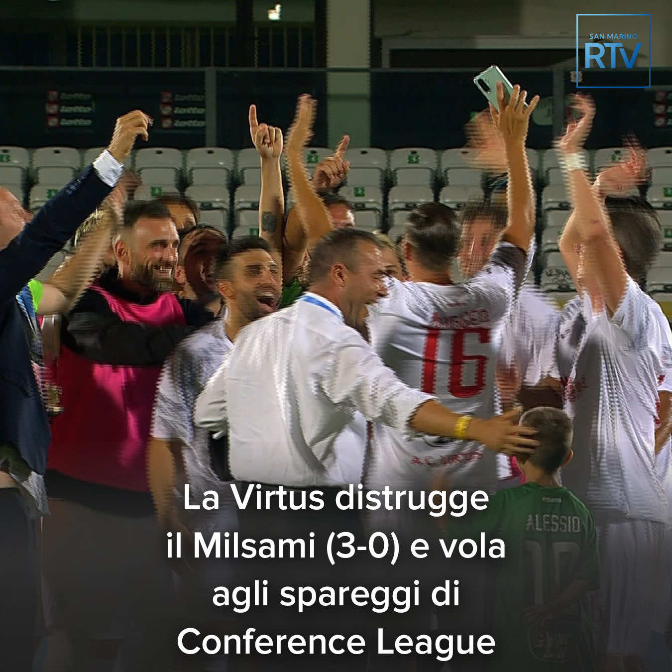 Mamma, che Virtus! Al San Marino Stadium i neroverdi travolgono il Milsami 3-0: gol di Scappini e doppietta di Buonocunto. Con questa vittoria storica, la Virtus vola agli spareggi di Conference League 🇪🇺⚽️ 📲 Il servizio completo di Roberto Chiesa su San Marino RTV (link in bio). #Virtus #ConferenceLeague #SanMarinoRTV #CalcioSammarinese #SanMarino 