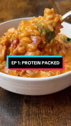 Ep 1 of Protein Packed💥 follow @chefmarinie to see what’s next! Since you all go crazy for my marry me orzo recipe every time I share it, I thought I’d make an EVEN HIGHER protein recipe that packs a whopping 50g protein per serving 😮‍💨 📌RECIPE BELOW - serves 3-4  Gather 3 tbsp oil (recommend using the oil from the jar of sundried tomatoes) 1 red onion, finely chopped  100g sundried tomatoes, finely chopped  2 garlic cloves, grated  1  heaped tsp paprika 2 heaped tsp dried oregano 50g tomato puree 600g boneless chicken thighs, diced 300g orzo 300g full fat cottage cheese  500ml veg stock (plus extra if needed) Salt and pepper to taste  Approx 50g Parmesan cheese, grated  Handful of fresh basil chopped  Method  1.) To a frying pan, add the oil and place over a medium heat. After a minute, add the chopped red onion and sauté for 2-3 minutes until softened, making sure to continuously stir.  2.) Add the seasonings, tomato puree and grated garlic, and sundried tomatoes, and stir through for a minute before adding the diced chicken to the pan and cook for 5 minutes or until the chicken has turned white. 3.) Add the orzo, cottage cheese, stock, and mix until combined. Lower the heat and cover the saucepan with a lid. Cook for 12-15 minutes, stirring regularly.  4.) Once the liquid has reduced, remove the lid and stir through the grated Parmesan cheese and fresh basil. Cook for a further minute before serving.  #highprotein #orzo #EasyRecipe 