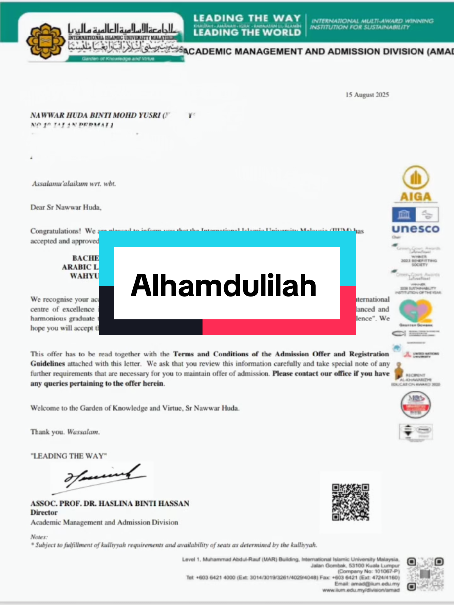 Alhamdulilah dapat offer Sarjana Muda Ilmu Wahyu dalam Bahasa dan Kesusasteraan Arab...moga nawwar terus cemerlang...Insha Allah#2025 #uiam #malaysia #student 