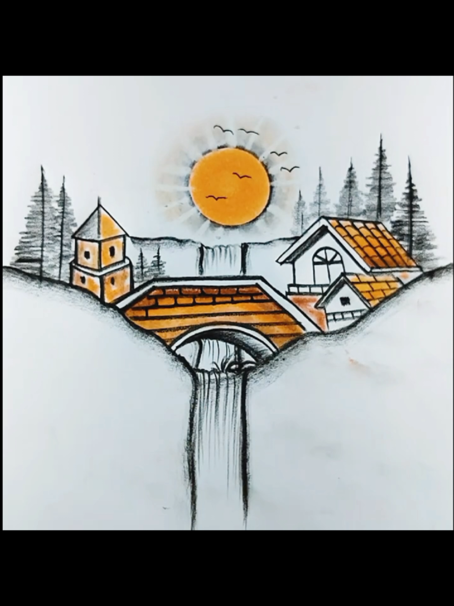 How to draw house and bridge scenery#drawing#Foryou#viralvideo#trending#viralvideo 