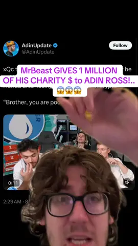 MrBeast GIVES 1 MILLION  OF HIS CHARITY $ to ADIN ROSS!.. 😱😱😱 #mrbeast #adinross #1million #charity #teamwater 