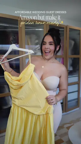 Affordable Wedding Guest Dress Series 💛 This yellow strapless maxi wedding guest dress is the ultimate summer wedding look. The high leg slit adds the perfect touch of flirty elegance. Ideal for midsize and curvy wedding guest style. #weddingguestdress 