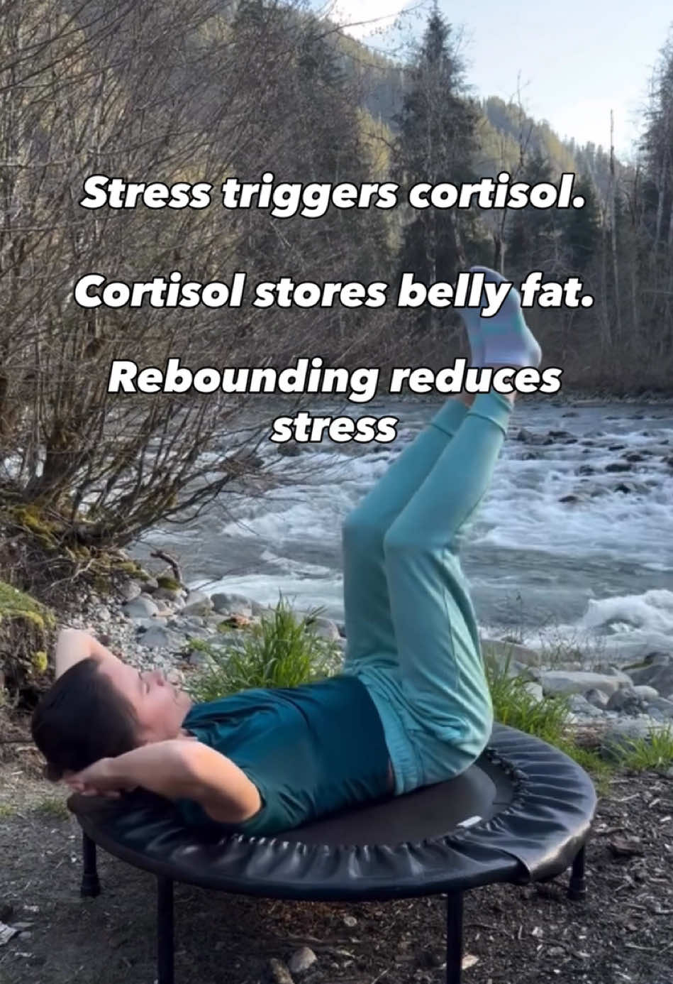 One of our favorite ways to target belly fat while melting stress away is the lay bounce.  Here’s how: Lie back on your rebounder with your head just below the rim. Rest your hands behind your head, use a pillow, or let your head lay back — whatever feels best for you. Engage your core by gently crunching until you feel tension, and keep that tension locked in. Now bounce softly, letting the bottom of the bounce tug on your firm core. Breathe through your nose and focus your mind on your core. As you sink deeper into the bounce, that tug will intensify — and so will your core activation. We recommend using a rebounder with a handlebar (you can keep it attached for this move) for stability and comfort. Follow our free routines on YouTube to learn the fundamentals of jumping for stress reduction, weight loss, and extraordinary muscle tone. Find our recommended rebounders in the Linktree link in our bio — and start bouncing your stress away. ✨ #rebounding #lowimpactworkout #ijumpinstead ##coreworkout #thetrophytwins  