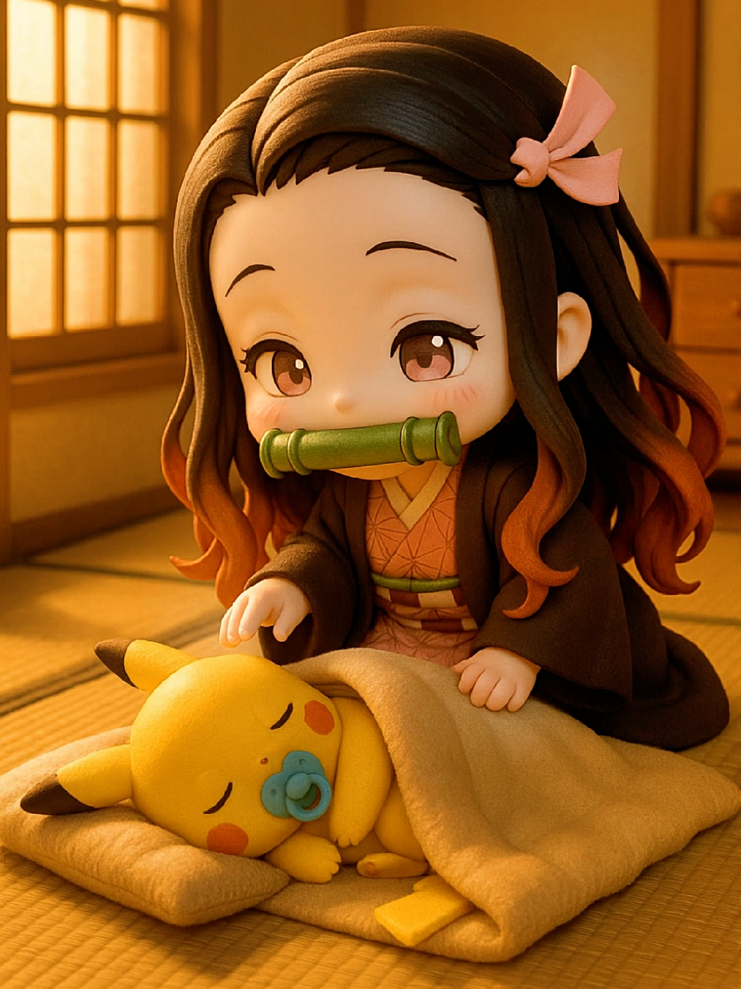 Cute Nezuko is taking care of baby Pikachu. #pikachu #nezuko #cute 