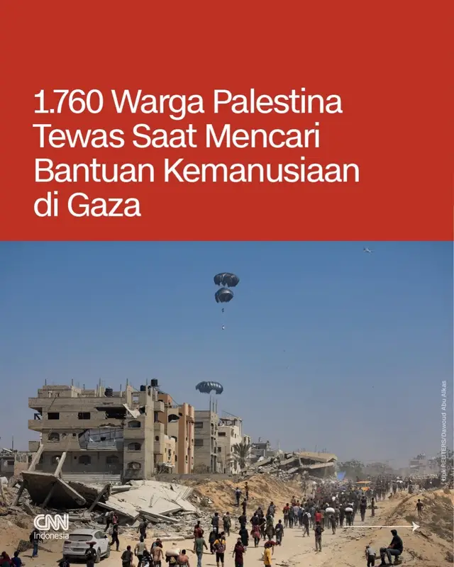 Komisi HAM PBB mengatakan 1.760 warga Palestina tewas, sebagian besar oleh militer Israel, saat sedang mencari bantuan. Data sebelumnya pada 1 Agustus menyatakan korban tewas sebanyak 1.373 orang. Pembaruan ini muncul ketika badan pertahanan sipil Gaza mengatakan setidaknya 31 orang tewas oleh tembakan Israel pada Jumat, termasuk 12 orang yang sedang menunggu bantuan kemanusiaan. Militer Israel mengatakan pasukannya sedang berupaya 'menghancurkan kemampuan militer Hamas' dan mengambil tindakan pencegahan 'untuk mengurangi kerugian warga sipil'. Baca selengkapnya di cnnindonesia.com. (📸 oleh tim CNN Indonesia) #cnnindonesia #cnnindonesiacom #palestina #gaza 