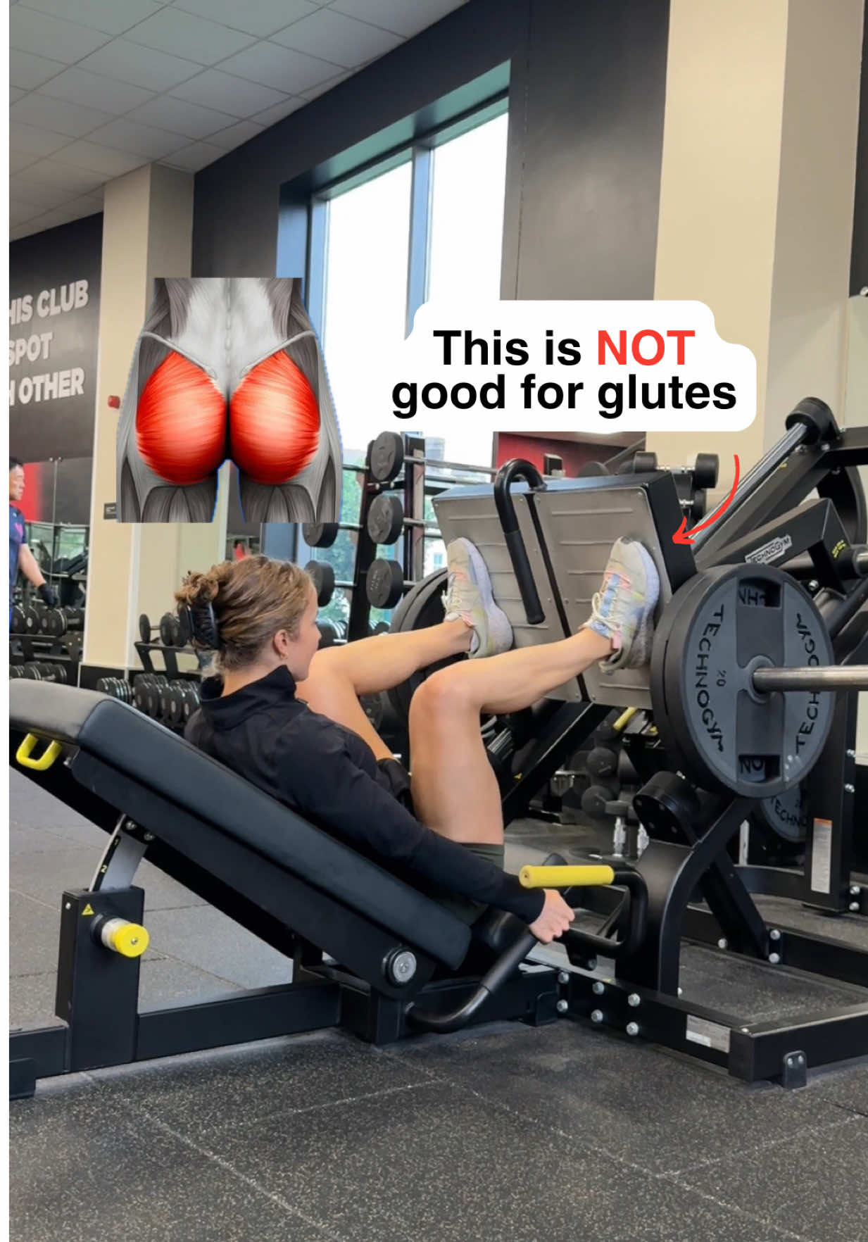 I can’t be the only one who wasted hours in the gym with…  A sumo squat stance + 20 mins of booty-band “activation” beforehand 🫠 We live & we learn. But if you’re yet to learn… That big wide stance? Not actually your best bet if you’re trying to load your glutes. A slightly higher, narrower stance lets you take the them through a bigger range of motion, which = better growth. Who’s been stuck in sumo? Now you know, will you be shifting that foot position next time you jump on the leg press? 👀👇🏼 #legpress #glutesworkout