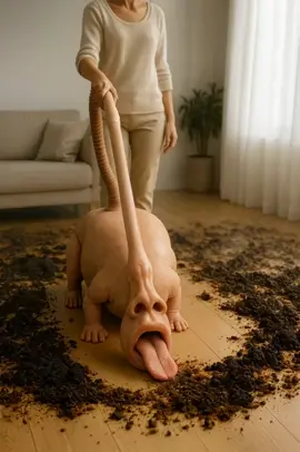 🚨 The Creepiest Vacuum Ever! | A Four-Legged Cleaning Monster 😱🧹 This four-legged creature is actually a vacuum cleaner. With its tongue, it swallows and consumes all the dirt within seconds, while the person behind it holds the control. #WeirdInventions #FunnyShorts #AIcreations #CreepyVacuum #BizarreTech 