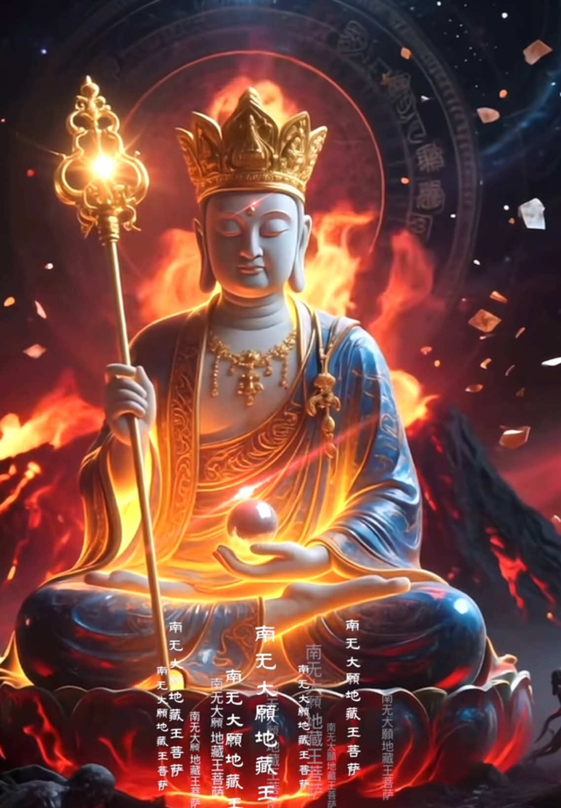 #BuddhistMantra -#藏王菩薩心咒  咒原文：嗡哈哈哈温珊摩帝梭哈     地藏菩萨跟我们娑婆世界众生缘份深，本愿功德广大不可思议，经中分明赞叹，读诵便知。如经中云：“每日念菩萨名千遍，至于千日。是人当得菩萨遣所在土地鬼神，终身卫护，现世衣食丰溢，无诸疾苦。乃至横事不入其门，何况及身。是人毕竟得菩萨摩顶授记。”等等，这里的“菩萨”指地藏菩萨。 藏王菩薩心咒 #ksitigarbha ##BuddhistMantra #南無大願地藏王菩薩．       