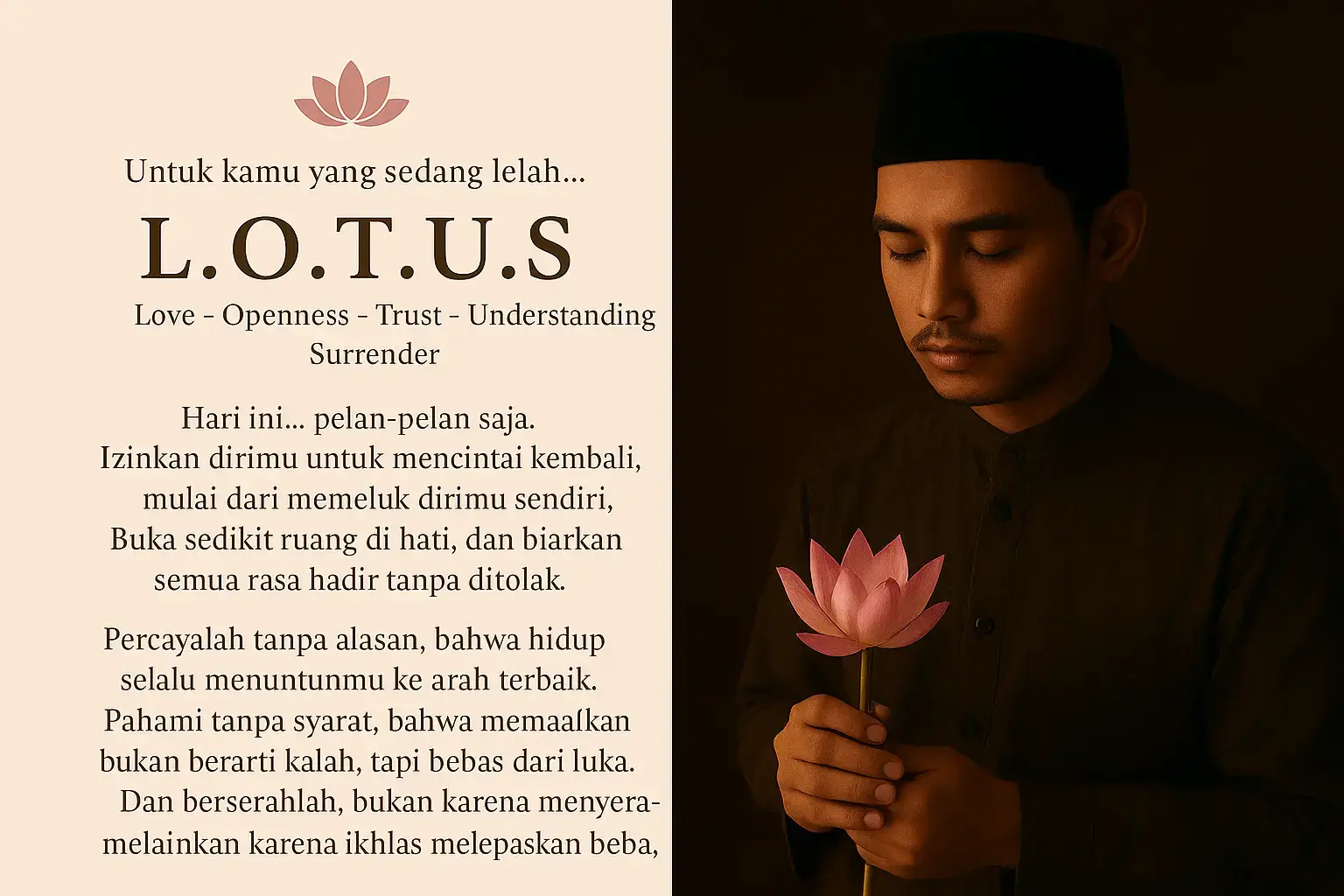 Untuk kamu yang sedang lelah… ingatlah L.O.T.U.S 🌷 Love – Openness – Trust – Understanding – Surrender Hari ini… pelan-pelan saja. Izinkan dirimu untuk mencintai kembali, mulai dari memeluk dirimu sendiri. Buka sedikit ruang di hati, dan biarkan semua rasa hadir tanpa ditolak. Percayalah tanpa alasan, bahwa hidup selalu menuntunmu ke arah terbaik. Pahami tanpa syarat, bahwa memaafkan bukan berarti kalah, tapi bebas dari luka. Dan berserahlah, bukan karena menyerah… melainkan karena ikhlas melepaskan beban, dan siap pulang dengan jiwa yang lebih ringan.  #lelah #lelahdengansemuanya#luka #healing 
