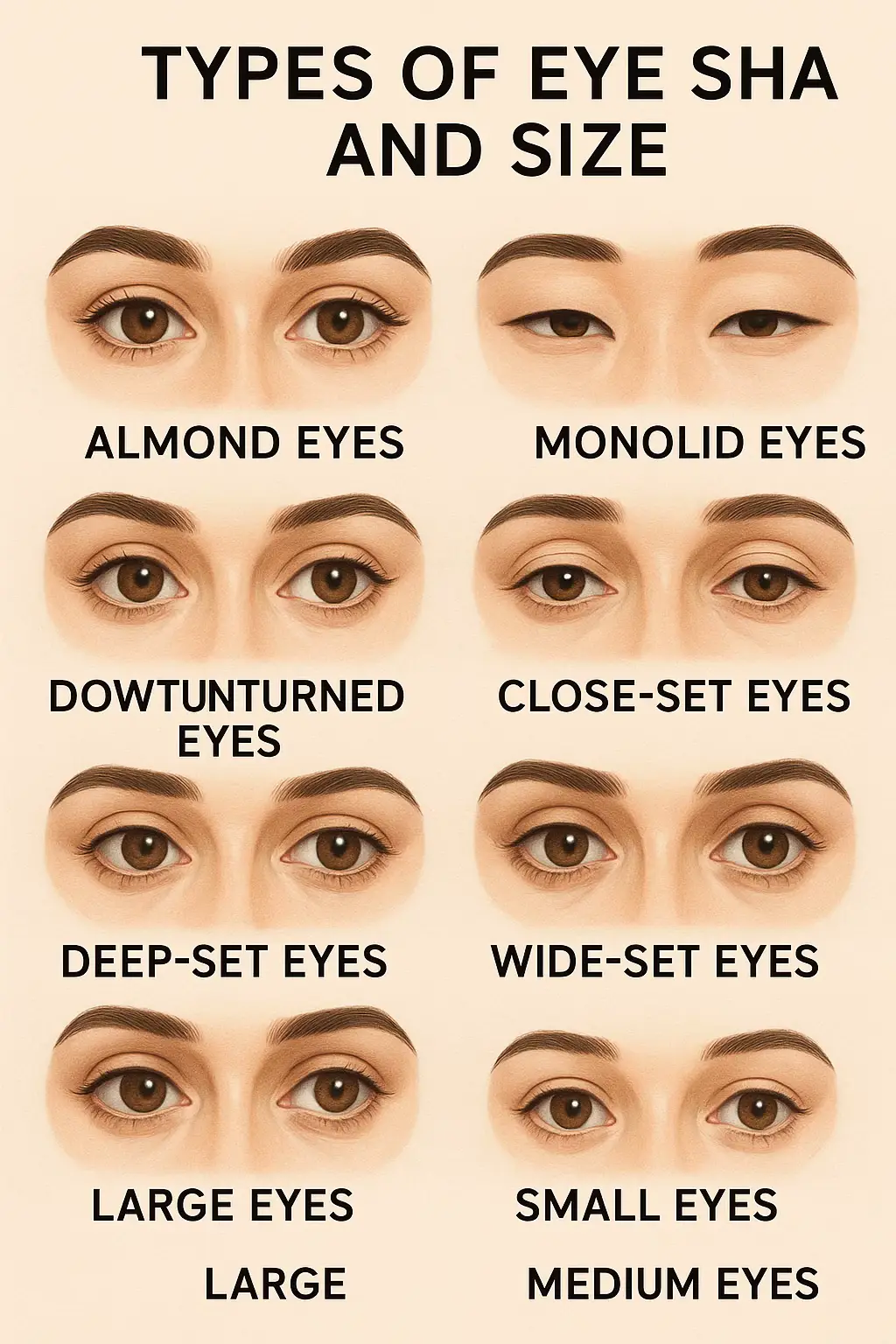 Human eyes vary greatly in shape and size, and these differences influence appearance, expression, and even how light enters the eye. Here’s a clear breakdown: Eye Shapes 	1.	Almond Eyes – Shaped like an almond with a slightly pointed inner and outer corner. Balanced and versatile in appearance. 	2.	Round Eyes – Large, open, and circular with more visible white around the iris. 	3.	Monolid Eyes – Lack a prominent crease, common in East Asian populations. 	4.	Hooded Eyes – A fold of skin partly covers the eyelid crease, giving a smaller lid space. 	5.	Upturned Eyes – Outer corners tilt upward, creating a naturally lifted look. 	6.	Downturned Eyes – Outer corners tilt downward, giving a softer, droopier look. 	7.	Close-set Eyes – Eyes positioned closer together than one eye’s width. 	8.	Wide-set Eyes – Eyes spaced farther apart than one eye’s width. 	9.	Deep-set Eyes – Set deeper into the skull, making the brow bone more prominent. 	10.	Protruding Eyes – Eyes appear larger and more prominent, with the eyeballs extending slightly forward. Eye Sizes 	•	Large Eyes – Often appear rounder and more expressive; associated with youthfulness. 	•	Small Eyes – More subtle and refined, often requiring closer attention to notice detail. 	•	Medium Eyes – The most common size, proportionate to facial features. Combined Variations An individual can have, for example, almond-shaped large eyes, or round small eyes, etc. Shape and size often work together to create a unique look.