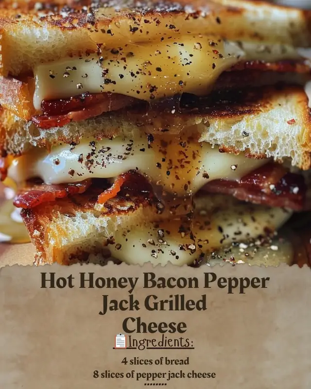 Hot Honey Bacon Pepper Jack Grilled Cheese Ingredients: 4 slices of bread (thick-cut sourdough or white works best) 8 slices of pepper jack cheese 6–8 strips of bacon (cooked crispy) 2 tbsp butter (softened) 2–3 tbsp hot honey (store-bought or homemade) Freshly cracked black pepper (to taste) Instructions: Cook the Bacon Fry bacon in a skillet over medium heat until crispy. Drain on paper towels and set aside. Assemble the Sandwiches Butter one side of each slice of bread. Place 2 slices of bread, butter-side down, in a skillet or griddle. Layer each with 2 slices of pepper jack cheese, followed by bacon strips, then 2 more slices of cheese. Drizzle 1–2 tsp of hot honey over the cheese and bacon. Sprinkle freshly cracked black pepper on top. Place the remaining bread slices on top, butter-side up. Grill the Sandwiches Heat skillet or griddle over medium-low heat. Grill each sandwich 3–4 minutes per side, pressing gently with a spatula, until the bread is golden brown and the cheese is melted. Serve Slice in half, drizzle with a little extra hot honey if desired, and serve immediately. 🔥 Pro Tip: If you like extra heat, sprinkle a pinch of red pepper flakes or add jalapeño slices inside before grilling. #cheese #hot #Recipe #sandwhich #honey 