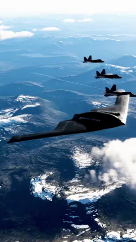 A B-2 Spirit flies over Alaska under protection from six F-22 Raptors.  #b2 #usa #alaska #president  This video was created digitally.