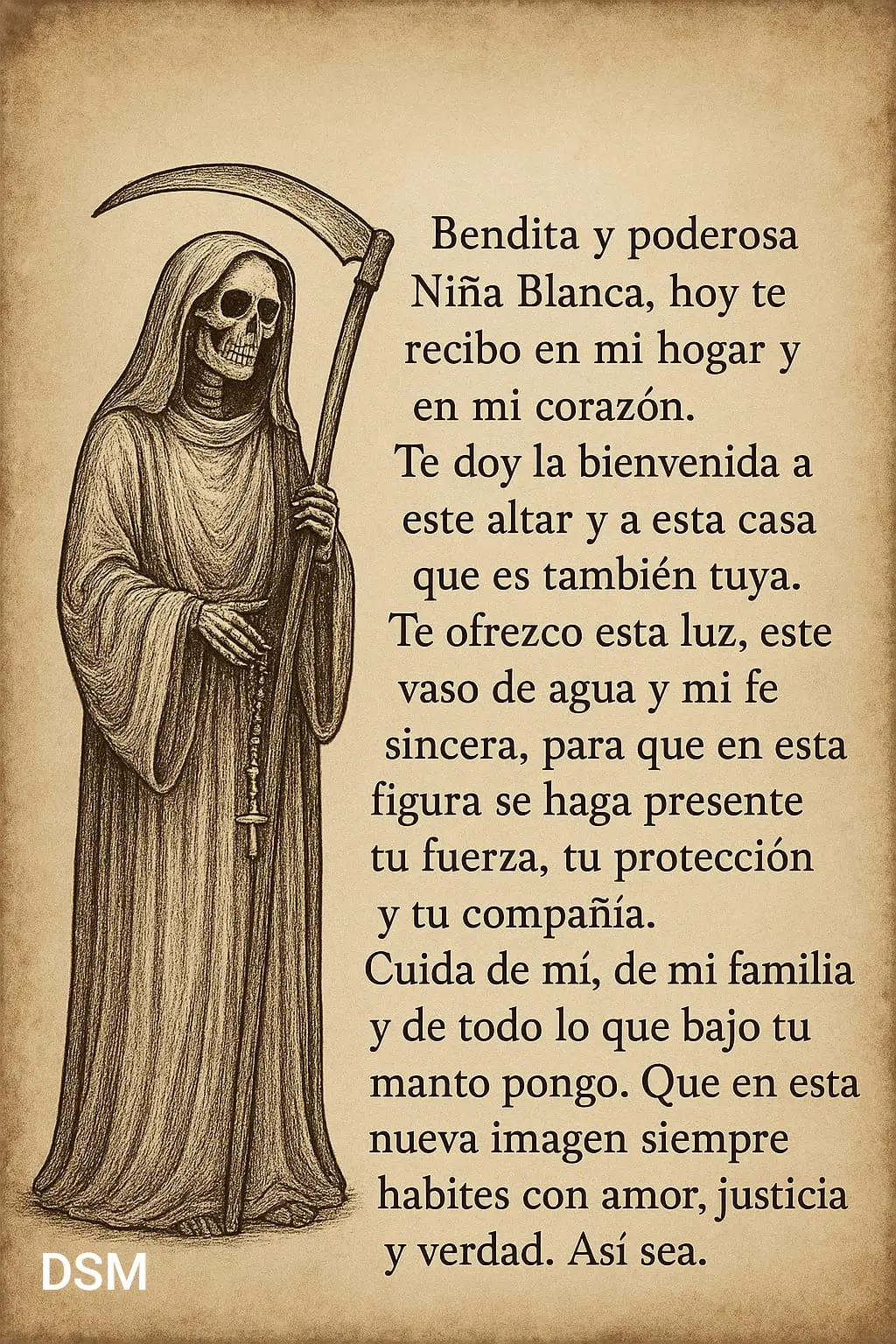 1️⃣ Prepara tu altar Lugar: Escoge un espacio tranquilo, limpio y seguro dentro de tu hogar. Imagen o figura: Coloca una estatua o imagen de la Santa Muerte. Si es tu primera vez, puedes empezar con una figura pequeña. Tela o mantel: Usa un paño o mantel limpio. El color depende de tu intención: Blanca → paz, protección, armonía Negra → protección contra energías negativas, cortar malas influencias Roja → amor, pasión, energía vital Morada → prosperidad, espiritualidad Velas: Coloca una vela del color correspondiente cerca de la imagen. Ofrendas: Frutas, dulces, flores, monedas, incienso o bebidas (agua, café, tequila) según tu devoción. 2️⃣ Limpieza del espacio Limpia el lugar con agua y sal o incienso de hierbas (como ruda o copal) para eliminar energías negativas antes de colocar tu altar. Mientras limpias, puedes decir mentalmente o en voz baja:  “Que este lugar sea puro y seguro para la Santa Muerte. Que solo llegue lo bueno y lo positivo. 3️⃣ Invocación o bienvenida Enciende la vela y coloca tus manos sobre el altar. Puedes decir una oración de bienvenida, por ejemplo:  “Santa Muerte, te doy la bienvenida a mi hogar. Agradezco tu presencia, protección y guía. Que tu energía me acompañe siempre.” Visualiza su presencia llenando el espacio de luz y protección. 4️⃣ Mantenimiento del altar Diario o semanal: Prende la vela y ofrécele algo de tu comida, bebida o incienso. Respeto: Nunca dejes que el altar esté sucio o descuidado. Intenciones: Antes de dormir, puedes hablarle o agradecerle por protección, amor, prosperidad o guía espiritual. #santamuerte  #Bievenidaacasasantamuerte #AltarSantaMuerte #devociónsantamuerte  #protecciónespiritual 