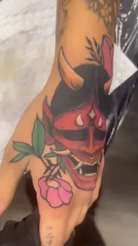 Fixed up this old lining, finally brought to life! #onimask #onimask👹 #handtattoo #florida #floridacheck 