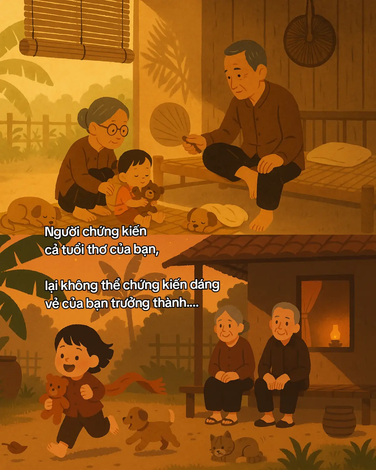 Người chứng kiến cả tuổi thơ của mình, lại chẳng thể thấy mình khi đã trưởng thành — câu nói nghe tưởng đơn giản nhưng cứa một vết thật sâu trong tim. Mình vẫn nhớ những buổi trưa hè, bà phe phẩy chiếc quạt nan, ru mình ngủ bằng những câu hát chẳng bao giờ thuộc hết lời. Mình nhớ dáng ông lom khom ngoài hiên, đôi tay nhăn nheo mà vẫn kiên nhẫn gọt từng quả ổi, cắt từng miếng mía cho mình nhâm nhi. Hồi ấy, mọi thứ bình yên và trọn vẹn đến mức mình chẳng bao giờ nghĩ một ngày sẽ mất đi. Rồi thời gian lặng lẽ cuốn trôi. Mình lớn lên, vội vã chạy theo những chuyến xe, những deadline, những giấc mơ thành người lớn. Quay lại nhìn, ông bà đã chẳng còn ngồi ở hiên nhà đợi mình nữa. Cái người đã thấy mình vụng về tập đi, tập viết, lại chẳng thể thấy dáng hình mình khi biết tự đứng vững trên đôi chân trưởng thành. Nhưng có lẽ cũng chẳng cần phải chứng kiến tận mắt. Vì tất cả yêu thương, tất cả sự dịu dàng ông bà đã gieo trong tuổi thơ, giờ đang sống lại trong chính cách mình sống, mình thương người. Và ở đâu đó, mình tin ông bà vẫn dõi theo, vẫn mỉm cười, vẫn tự hào. #caunoihay #chamngoncuocsong #docsach #sachhay #fyp 